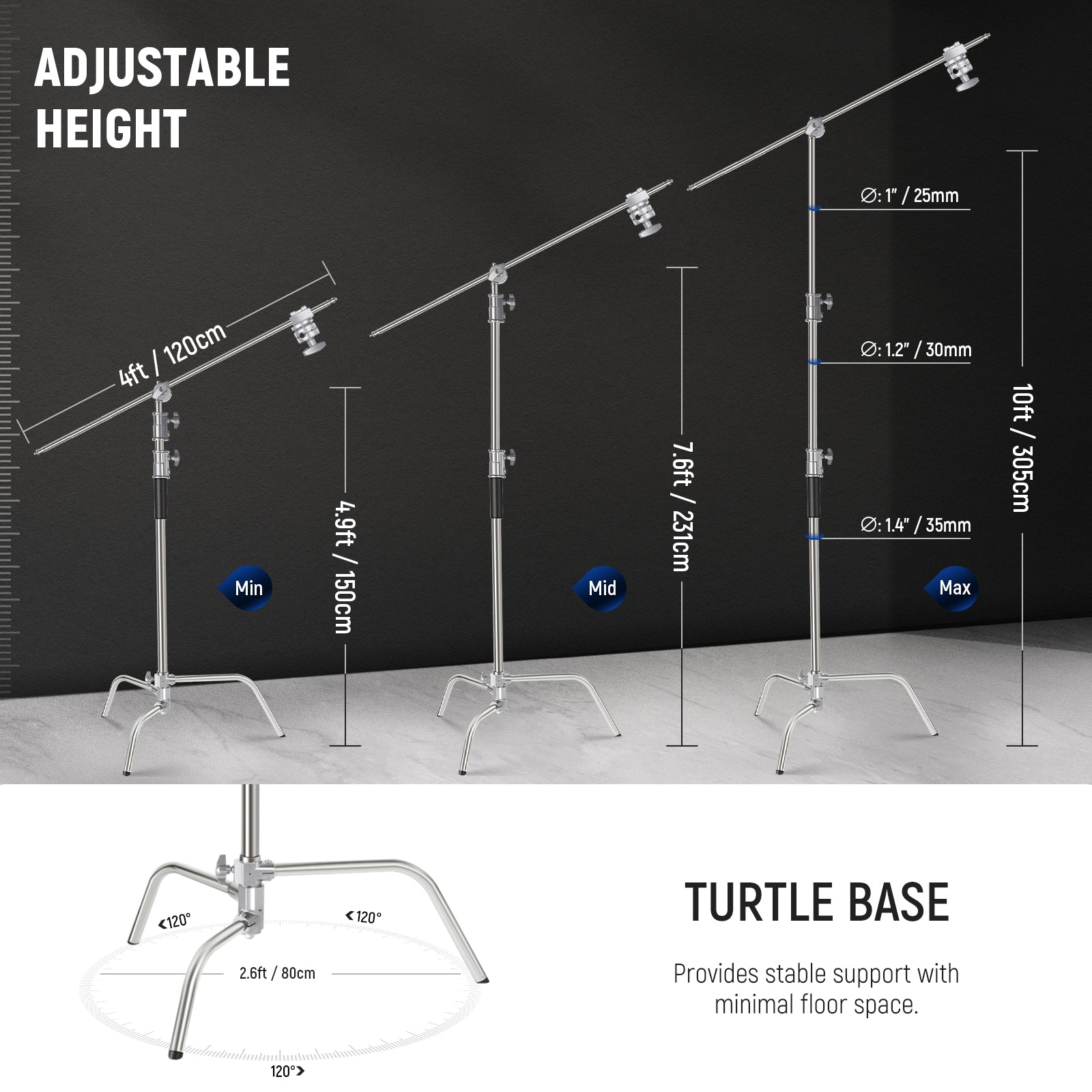 NEEWER 305cm Stainless Steel C-Stand Light Stand - NEEWER