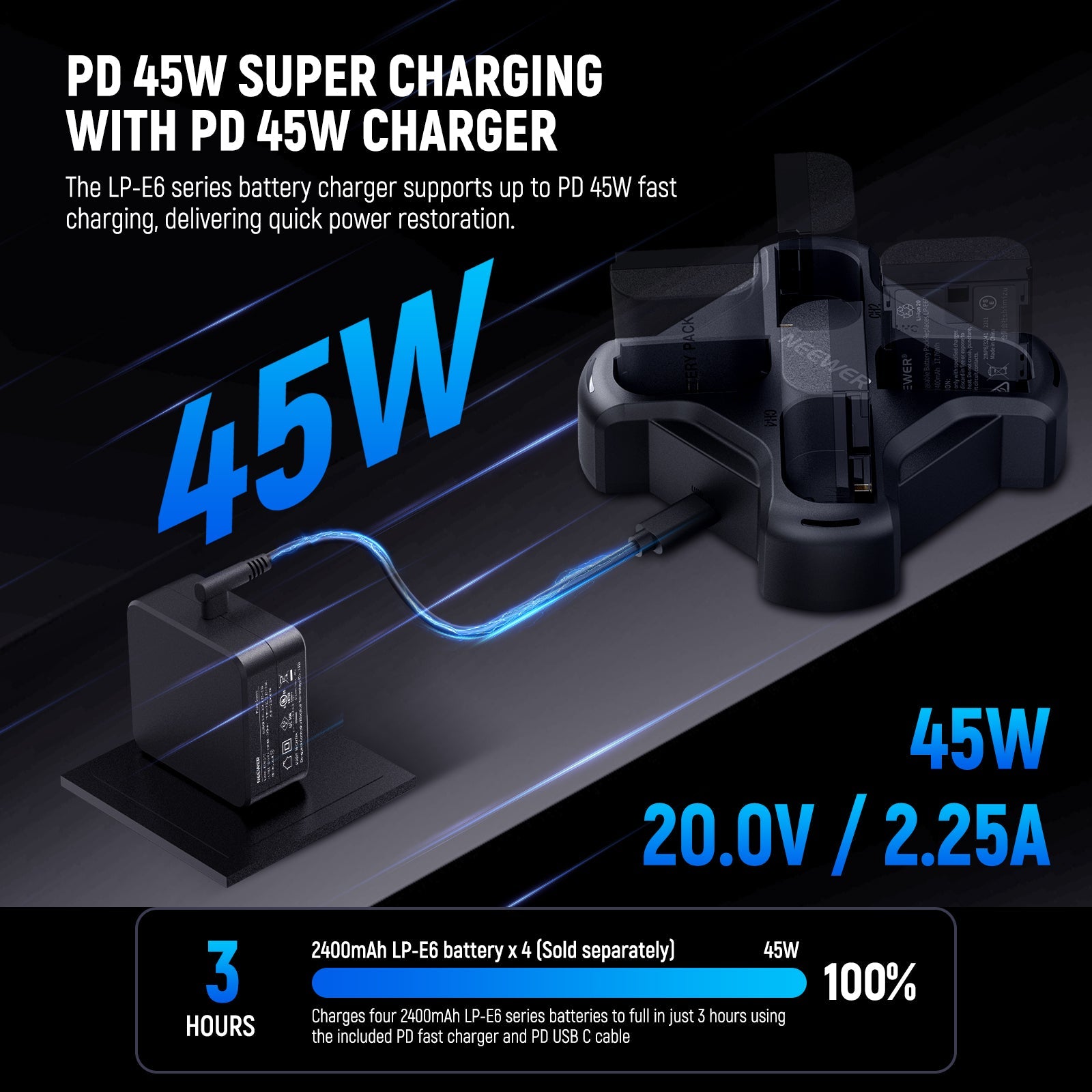 LP-E6 charger supports up to PD 45W fast charging for quick power restoration.