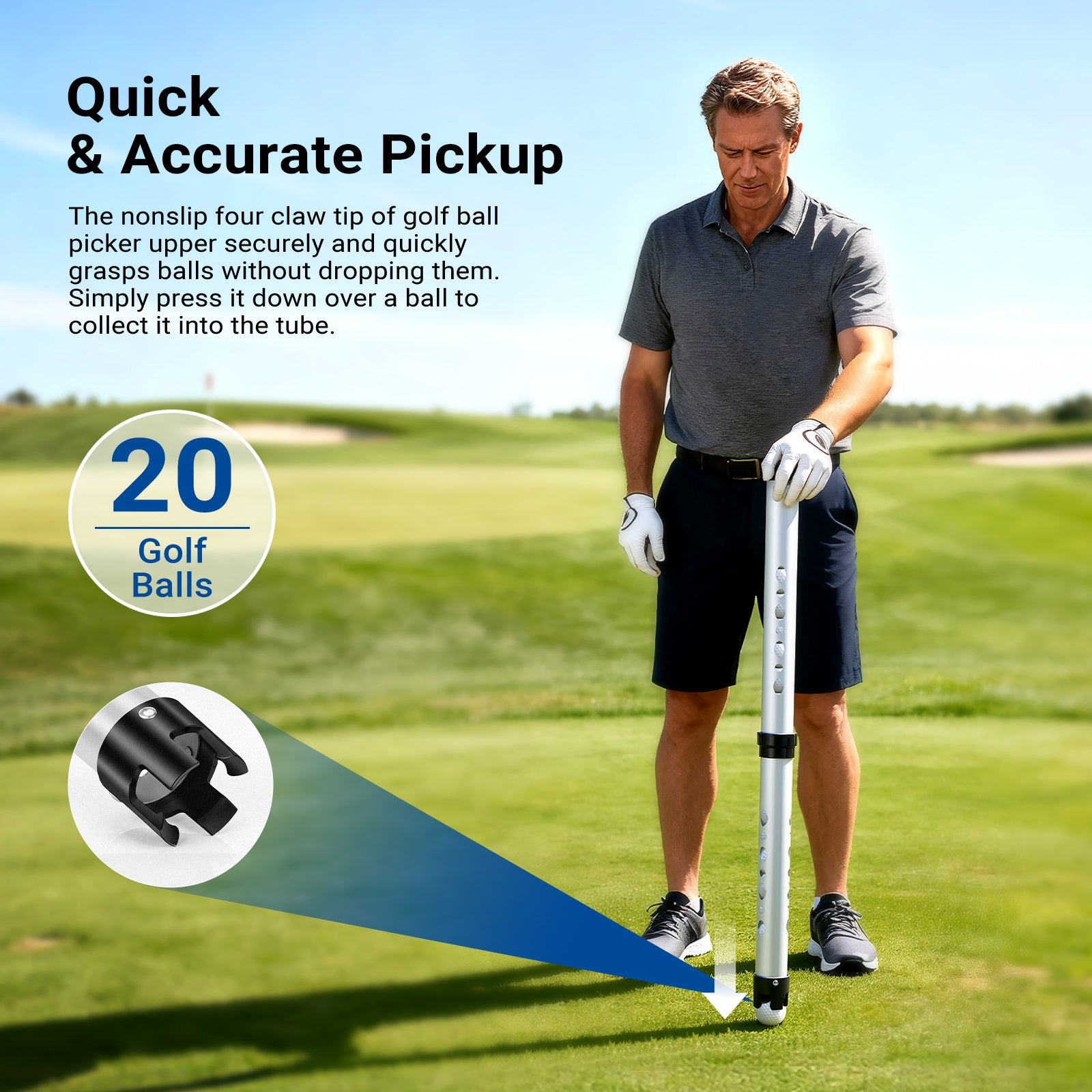 The nonslip plastic four claw tip of golf ball picker upper securely and quickly grasps balls without dropping or scratching them.