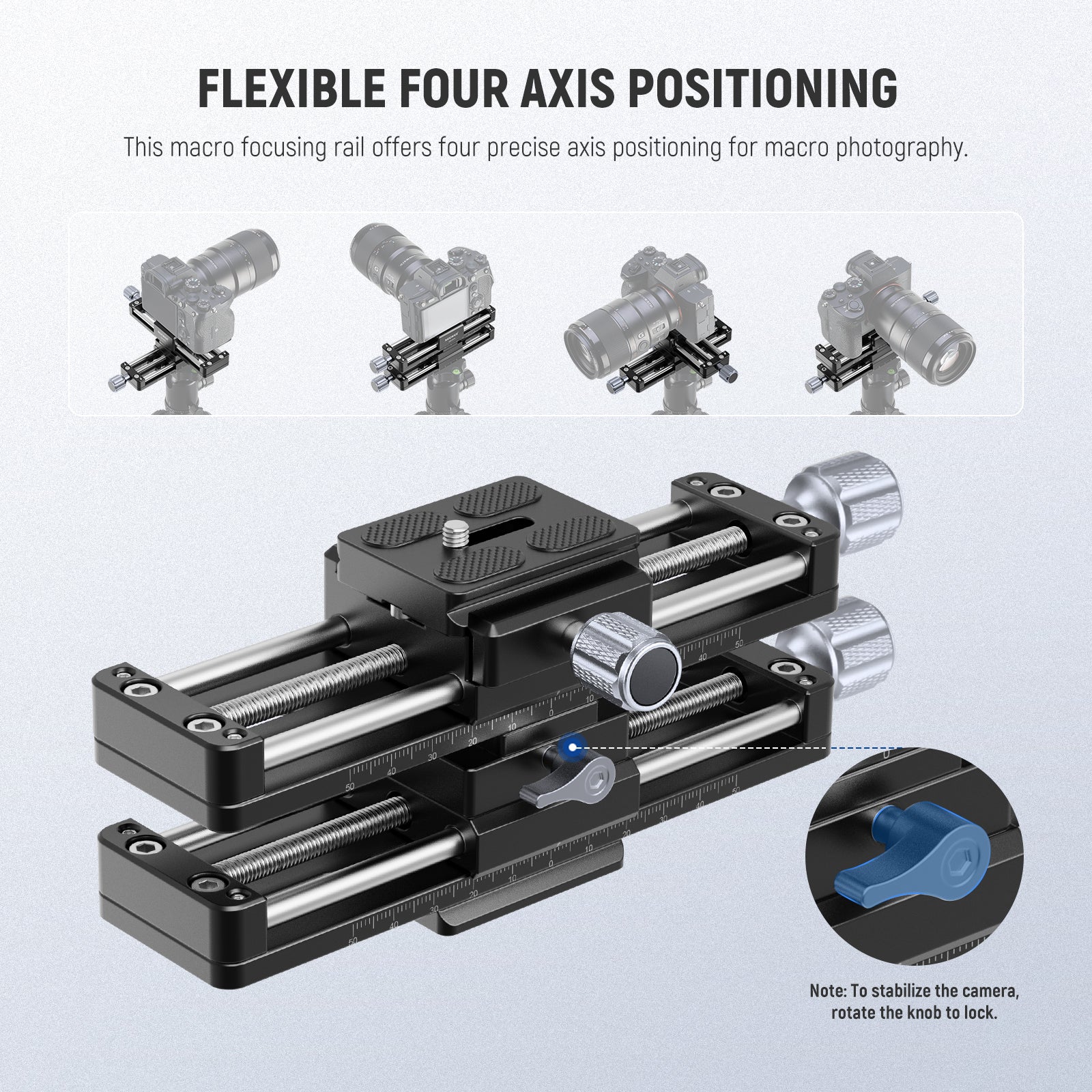 This macro focusing rail offer four precise axis positioning for macro photography.
