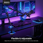 The NEEWER BASICS MS050 Flexible Microphone Boom Arm is designed with 360° rotation at the base, 90° tilt at the joint, 240° swing of the main arm, and 210° adjustment at the microphone mount, allowing for flexible positioning.