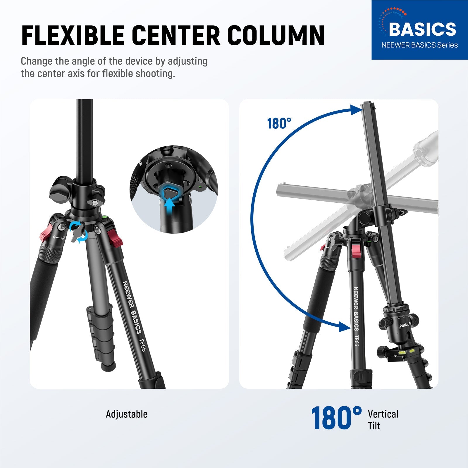 NEEWER TP66 Horizontal Overhead Tripod features a flexible center column.