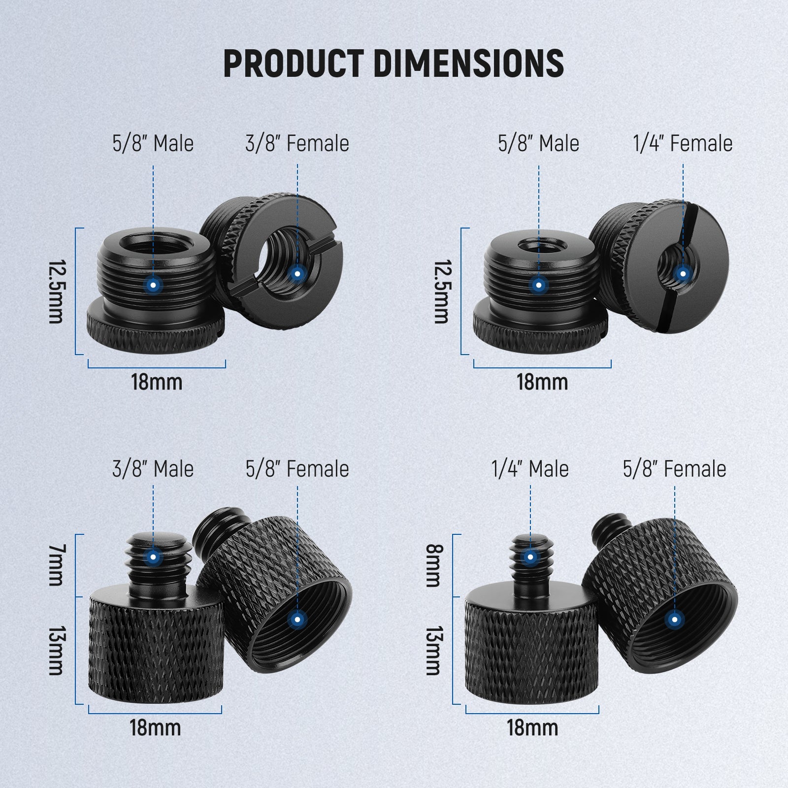 Product dimensions of the NEEWER HW-43 8 Packs Mic Stand Adapter