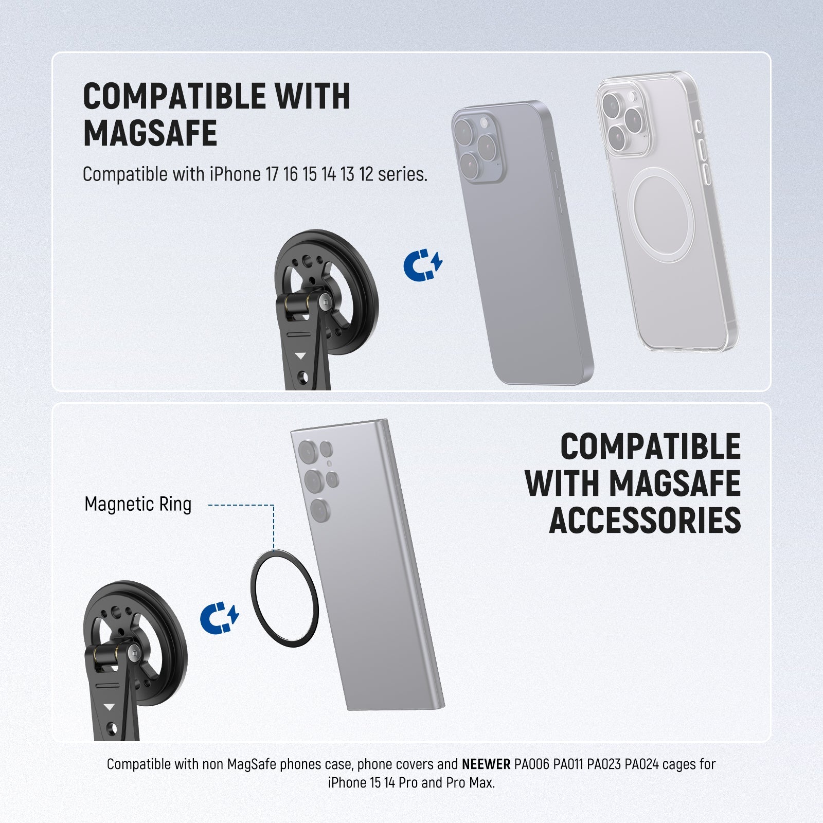 NEEWER DS031 Magnetic Phone Tripod Mount is compatible with Magsafe and Magsafe accessories.