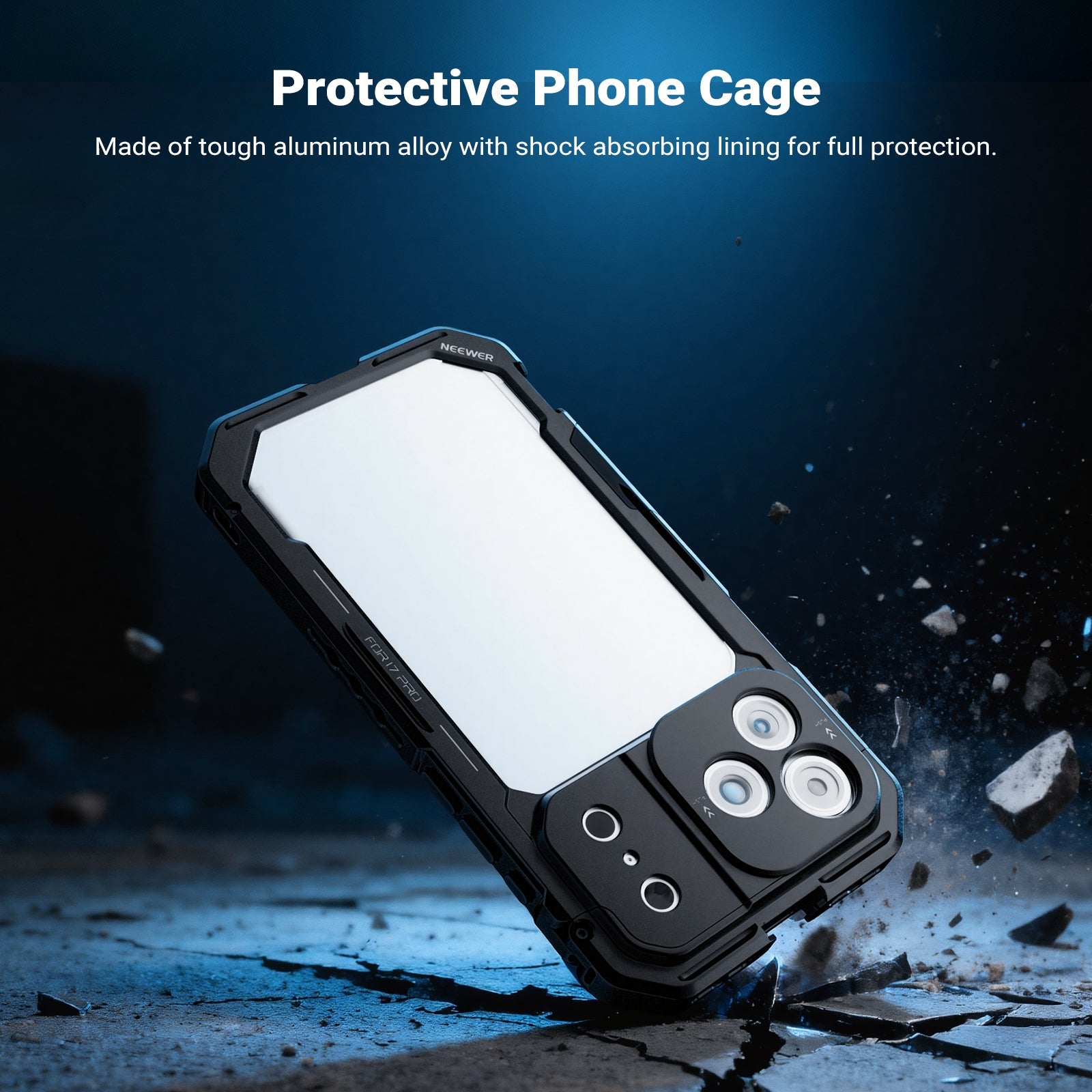 NEEWER Phone Cage Kit for iPhone 17 Pro is made of tough aluminum alloy with shock absorbing lining for full protection.