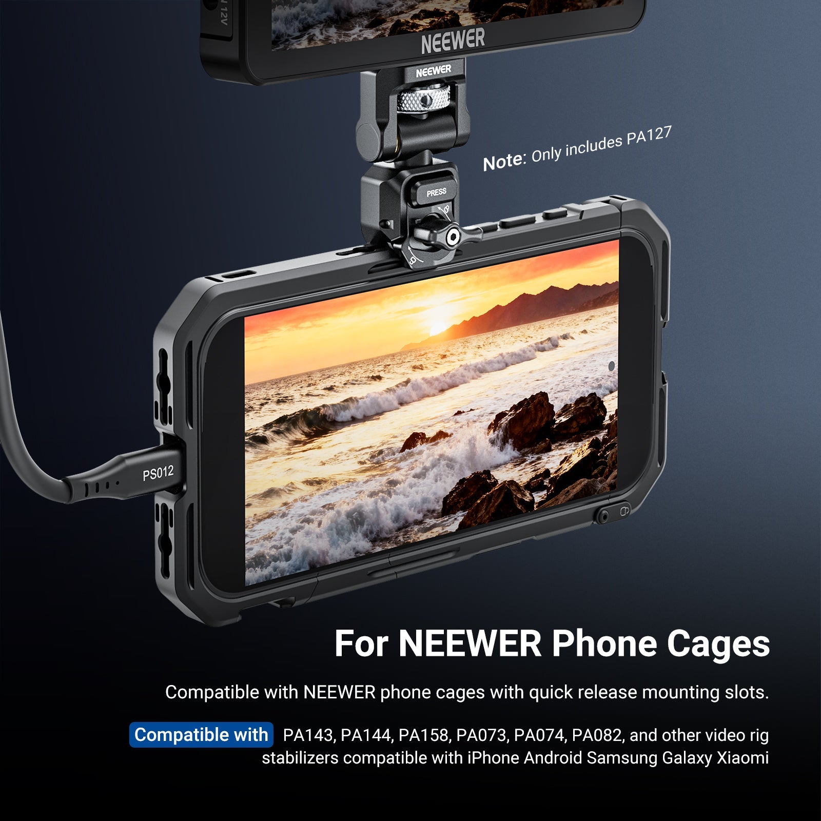 NEEWER PA127 Quick Release Monitor Mount is compatible with NEEWER Phone Cage with QR mounting slots.