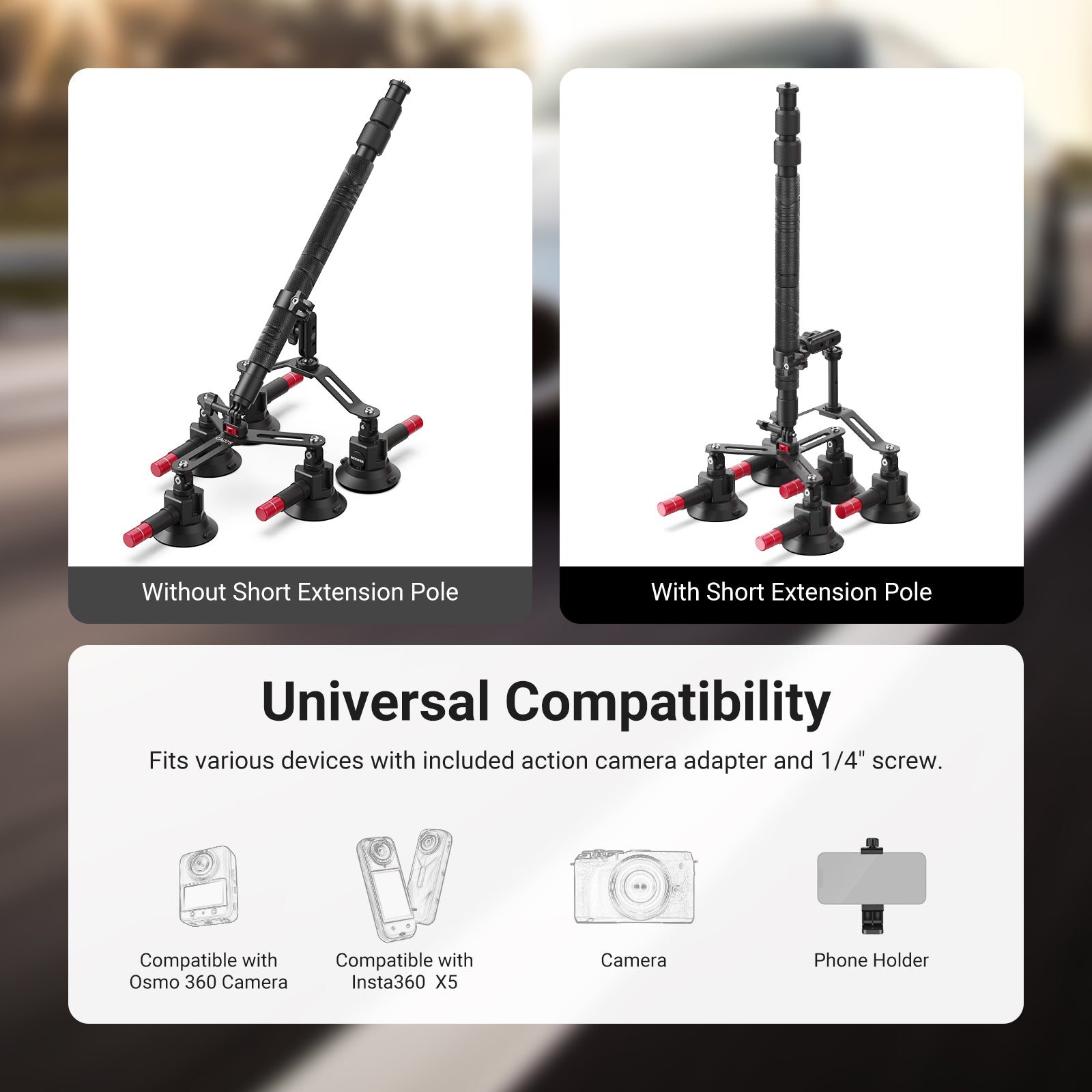 Suction cup camera mount comparison: without short extension pole vs with short extension pole