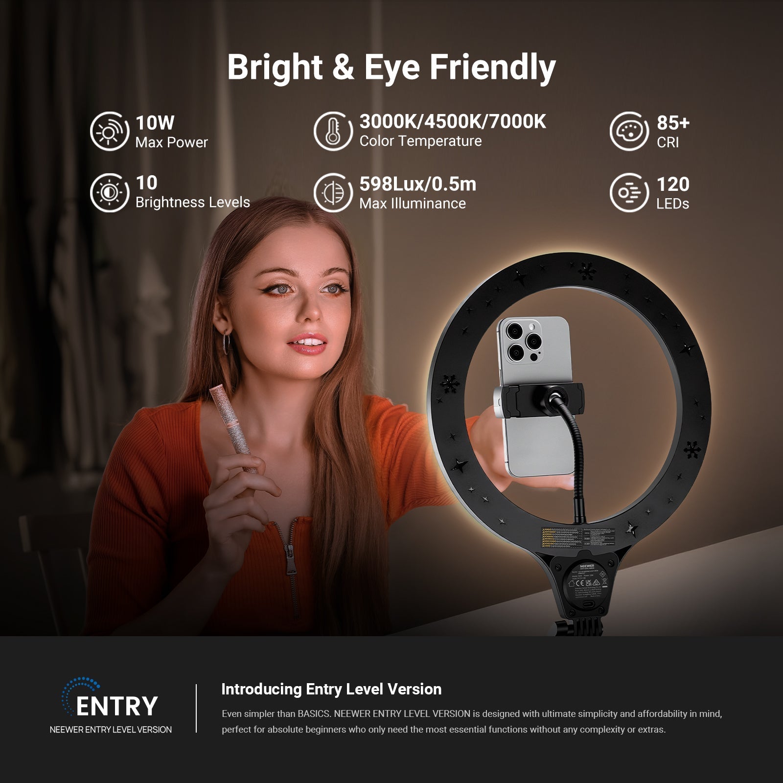 A girl uses the NEEWER N44 Ring Light with Flexible Stand Kit for live streaming lighting.
