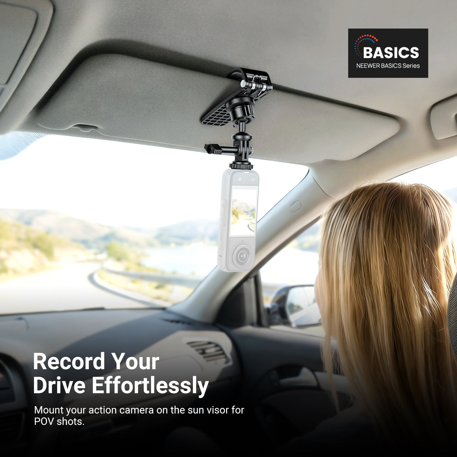 The girl mounted the NEEWER AC055 Car Sun Visor Mount for Action Cameras in her car.