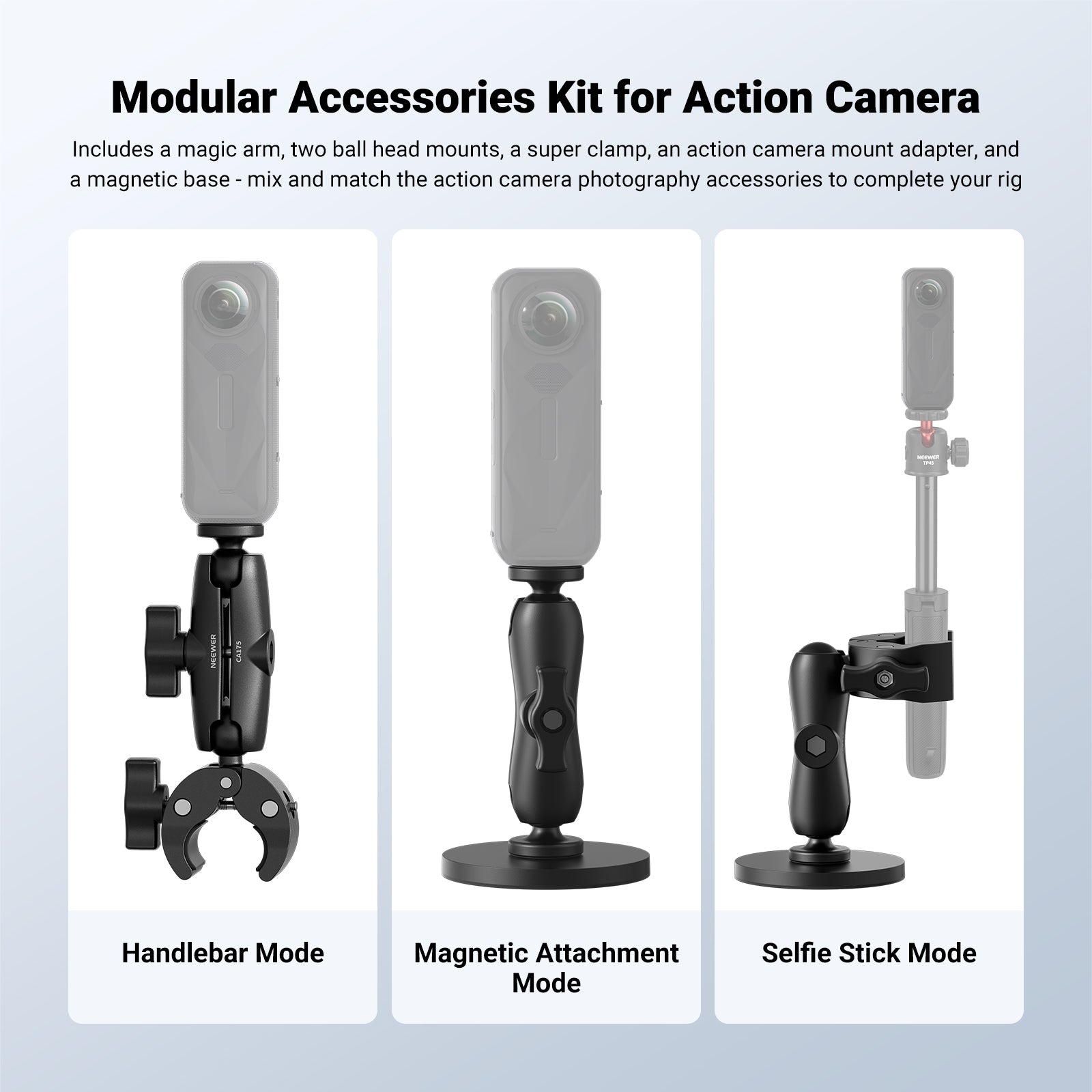 NEEWER CA175 Action Camera Mounting Accessories Kit supports handlebar, selfie stick, and magnetic mount modes.