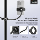 The mic stand phone mount features a flexible arm and an O type clamp