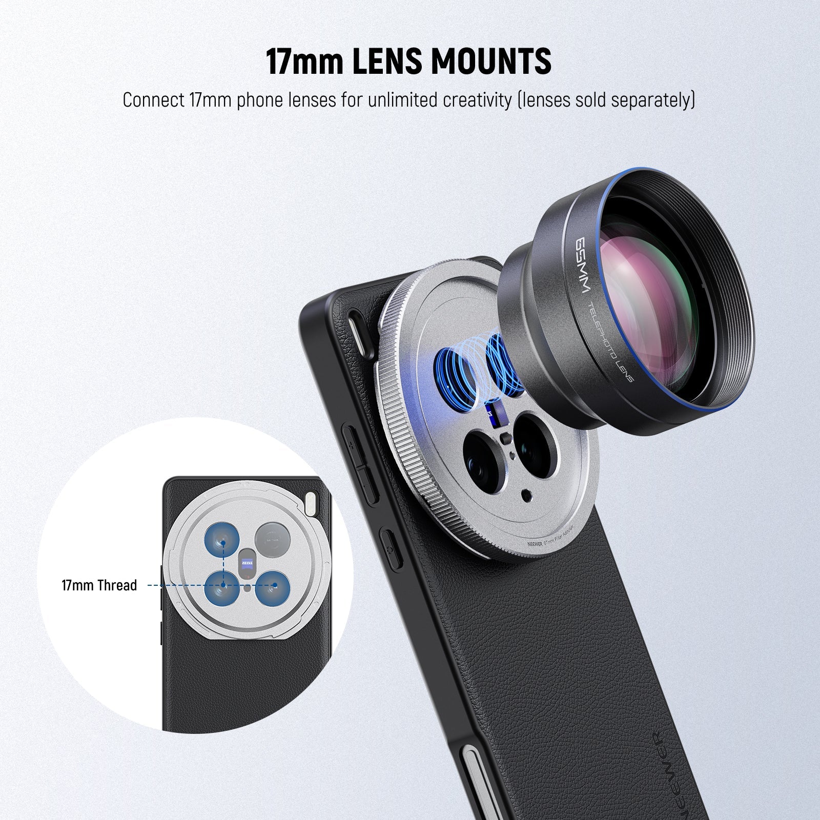 Built in 17mm lens threads on Main and Telephoto Cameras connect 17mm phone lenses for creative shots