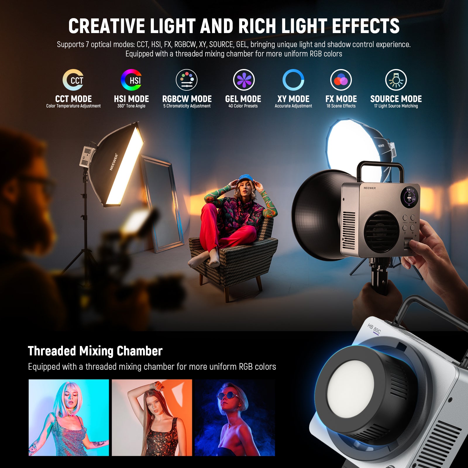 NEEWER HB80C 80W RGBWW Mini COB LED Video Light - NEEWER NEEWER HB80C 80W RGBWW Mini COB LED Video Light - NEEWER