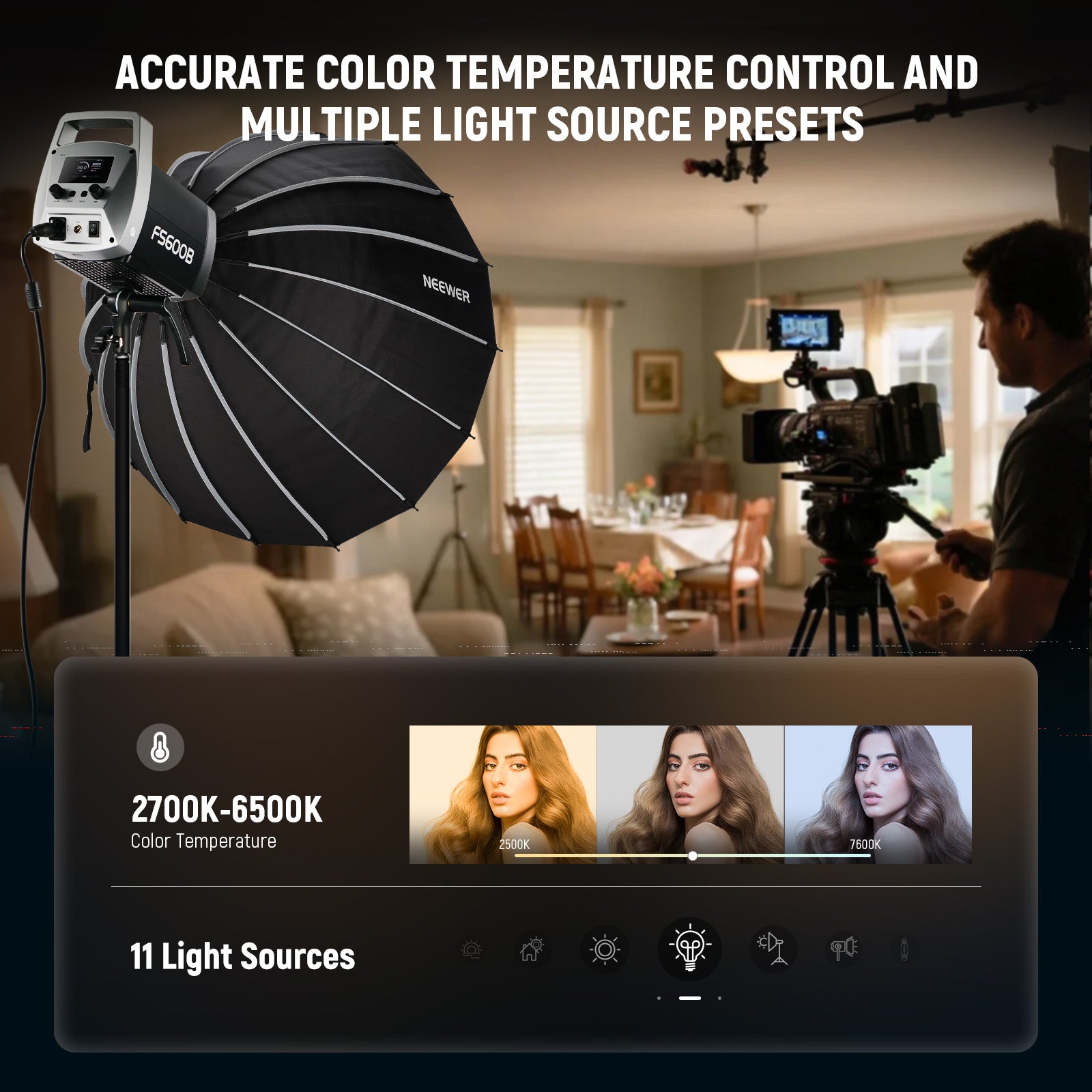 This COB light offers 2700K-6500K in 100K steps for seamless switching from warm to cool tones