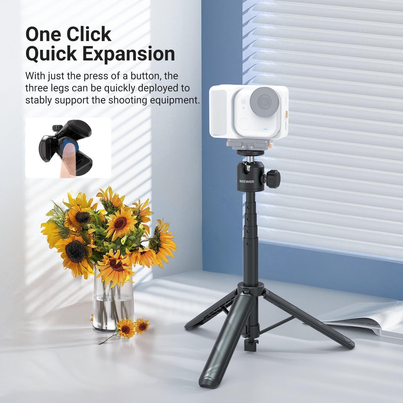 NEEWER DT001 All-in-One Extendable Selfie Stick Tripod placed next to sunflowers