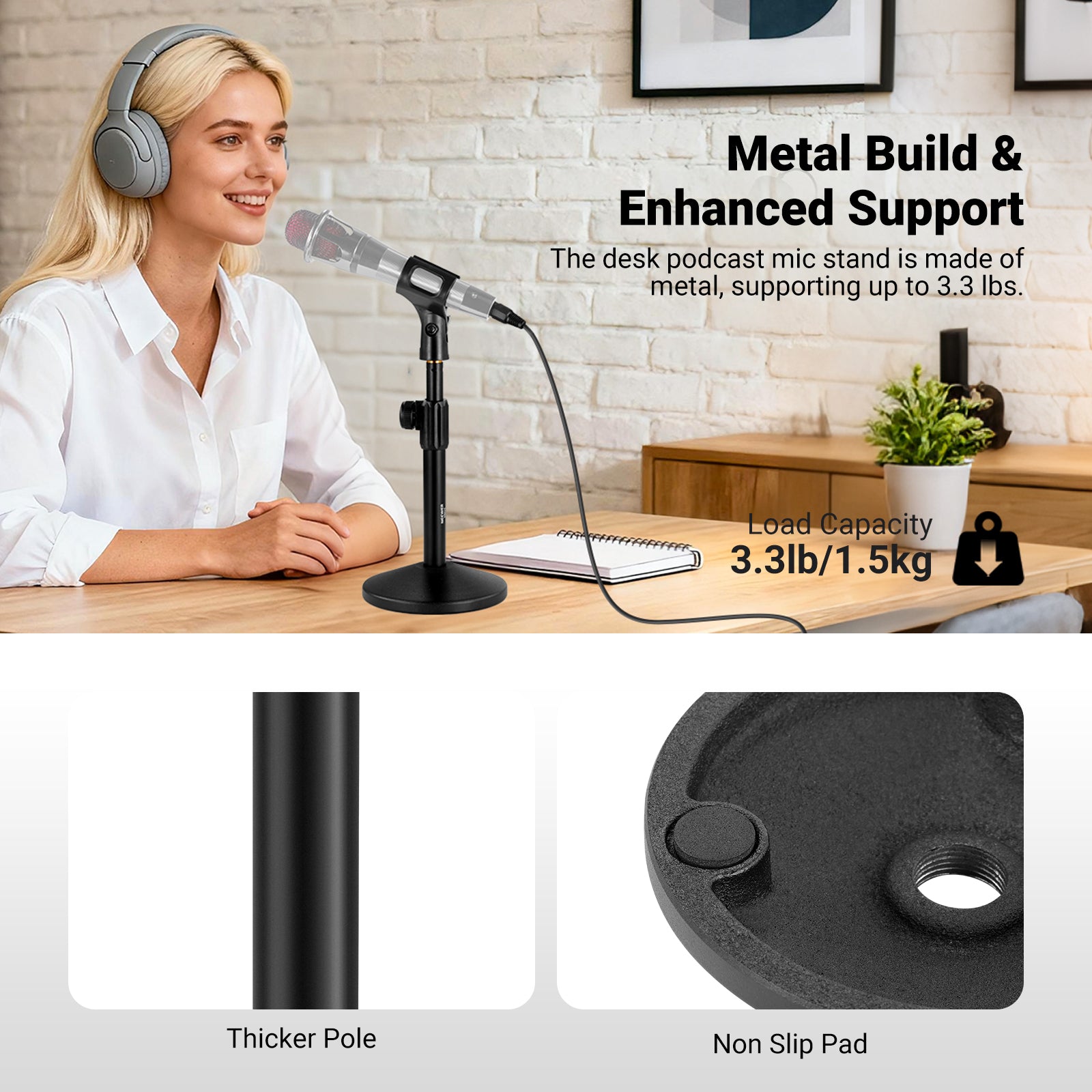 The desk podcast mic stand supportsmup to 3.3 lbs, compatible with microphones & accessories and equipment for podcasting, gaming, live streaming, and studio video recording.