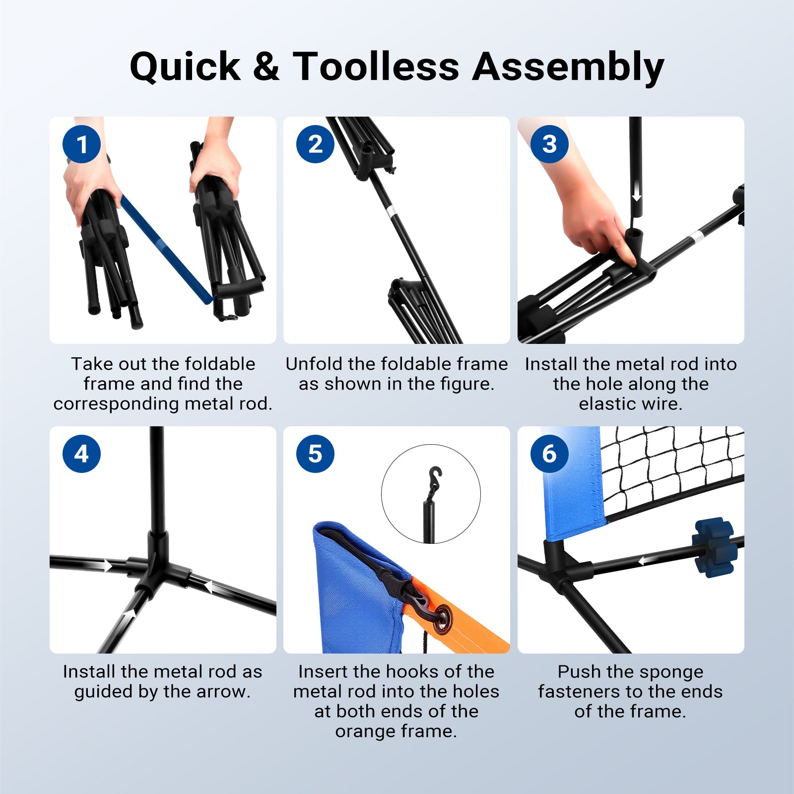 Assembly steps of the NEEWER PB01N 6ft Portable Detachable Pickleball Net