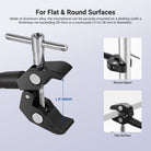 The super clamp, made of aluminum alloy, securely mounts your mic on desks (up to 50mm thick) or round poles (12 to 28mm in diameter).