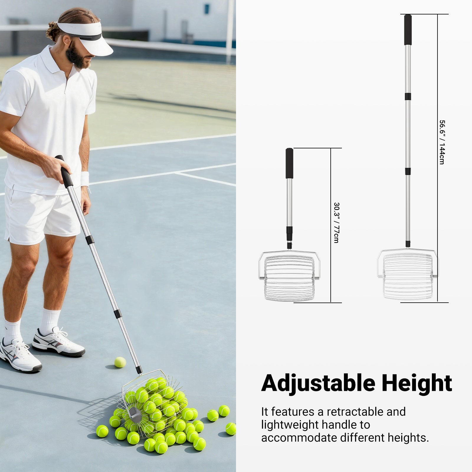 NEEWER TB05S Tennis Ball Picker features a retractable and lightweight handle to accommodate different heights.