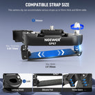 This camera clip can accommodate various straps up to 10mm thick and 65mm wide.