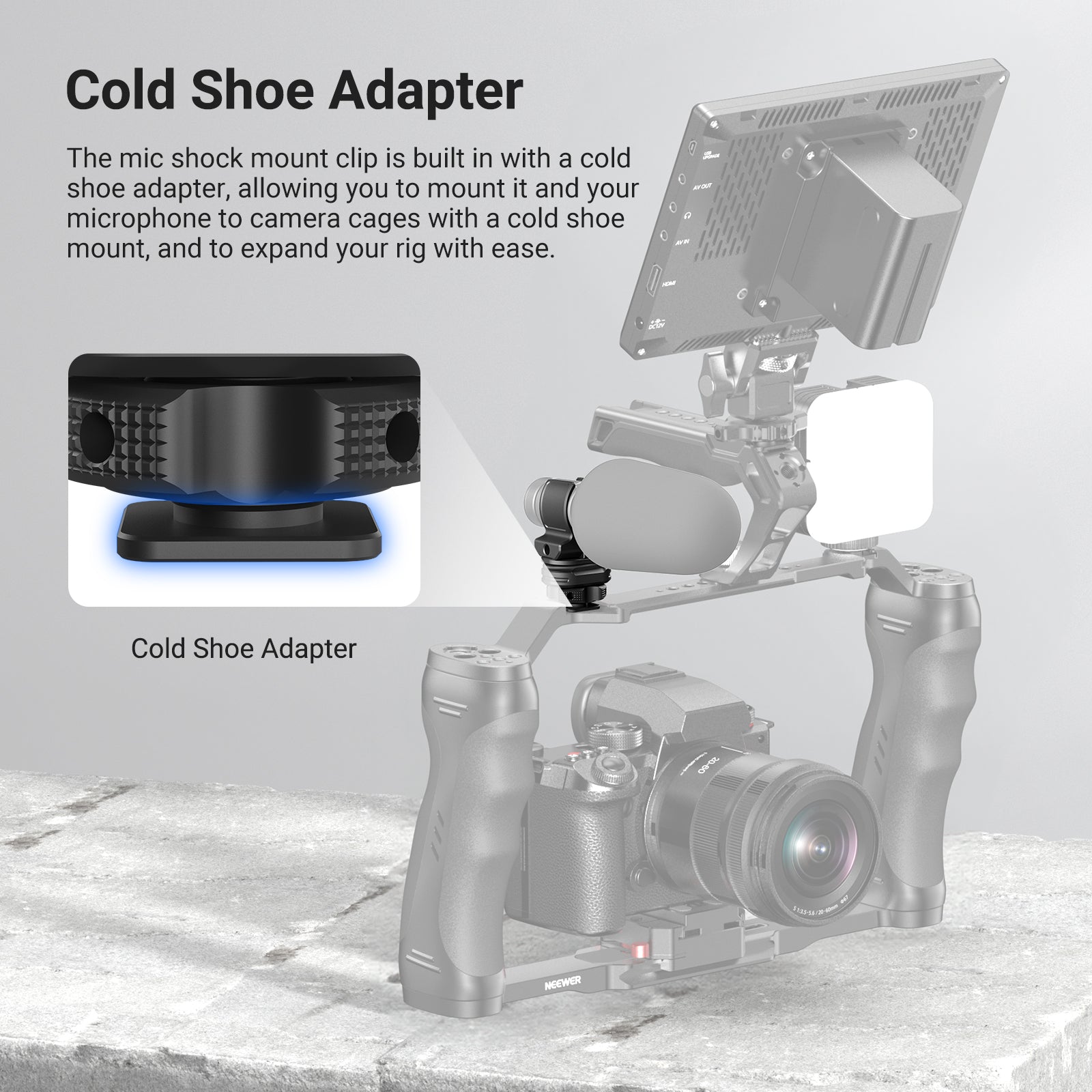 The mic shock mount clip is built in with a cold shoe adapter.