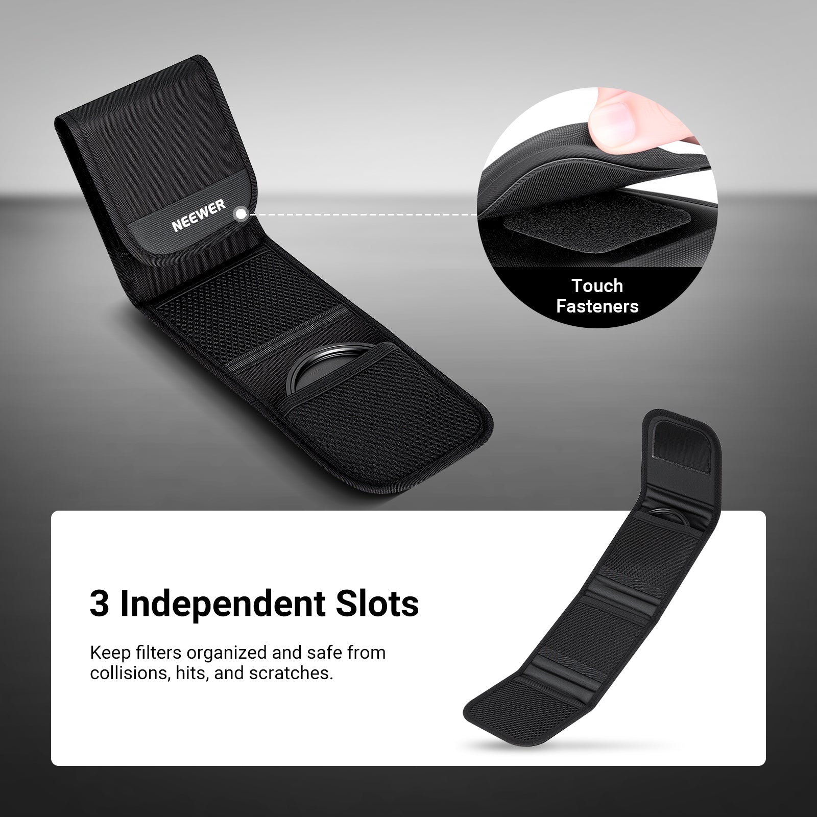 3 independent slots keep filters organized and safe from collisions, hits, and scratches.