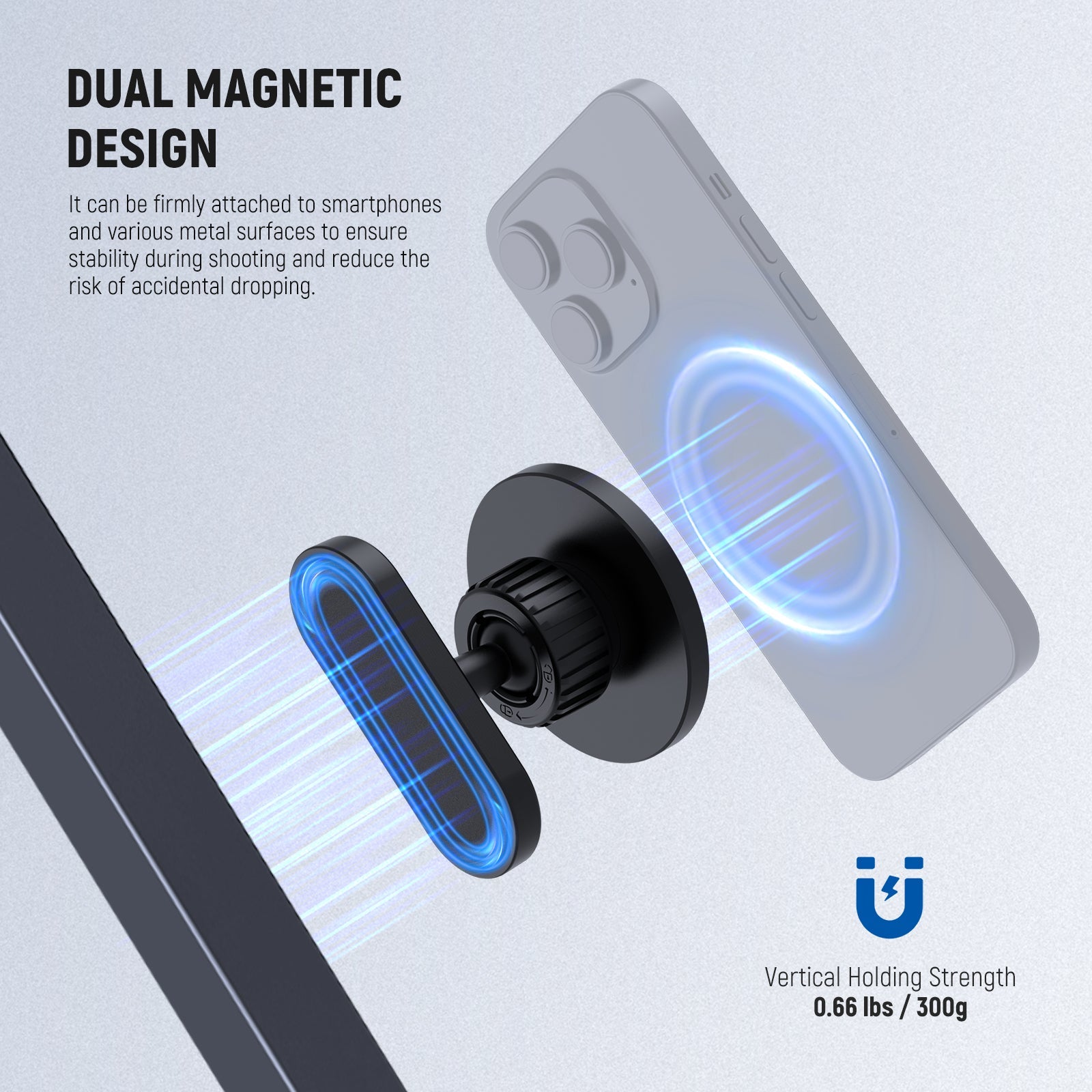 The magnetic phone holder features a dual magnetic design