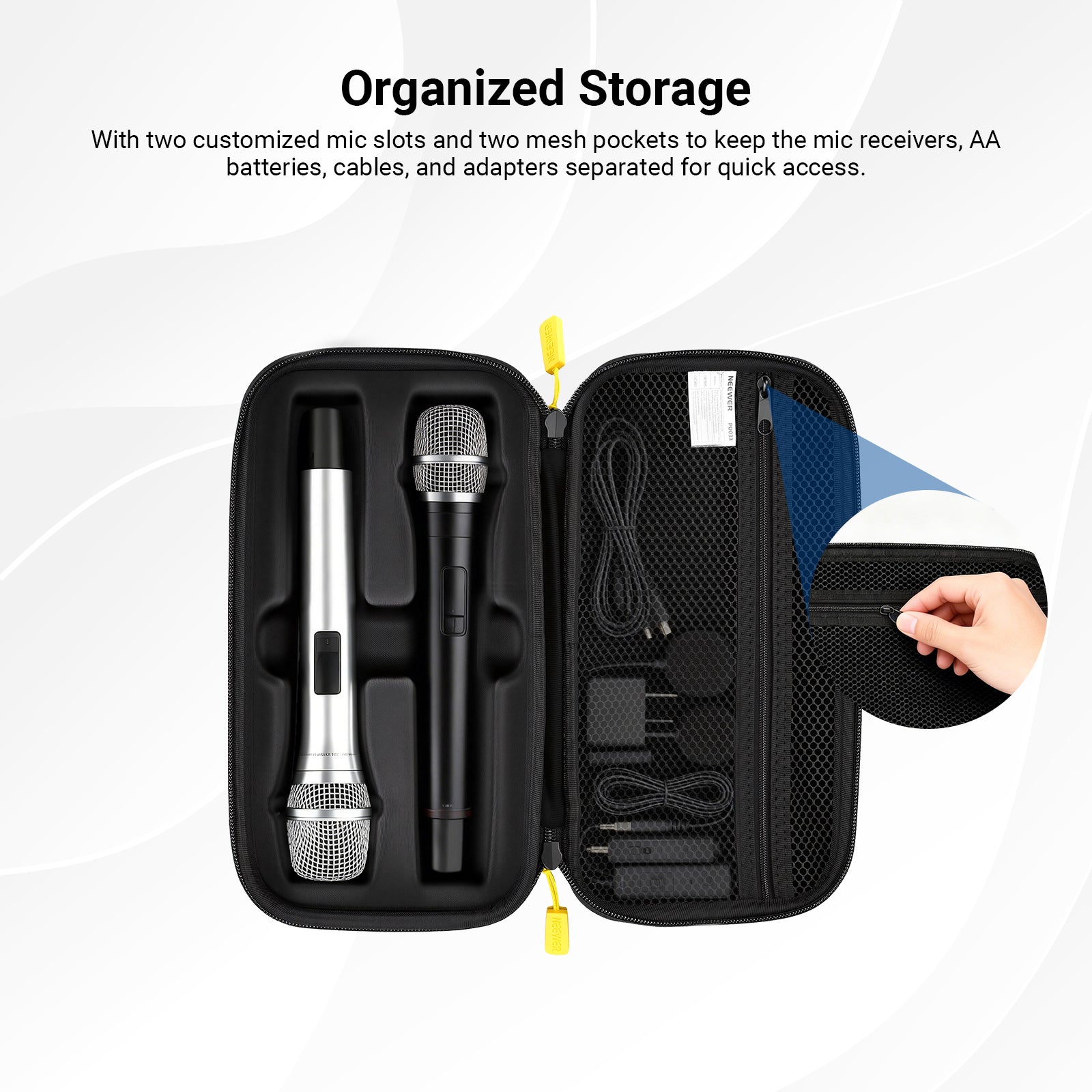 The mic case comes with two customized mic slots, two mesh pockets, and loop and hook fasteners