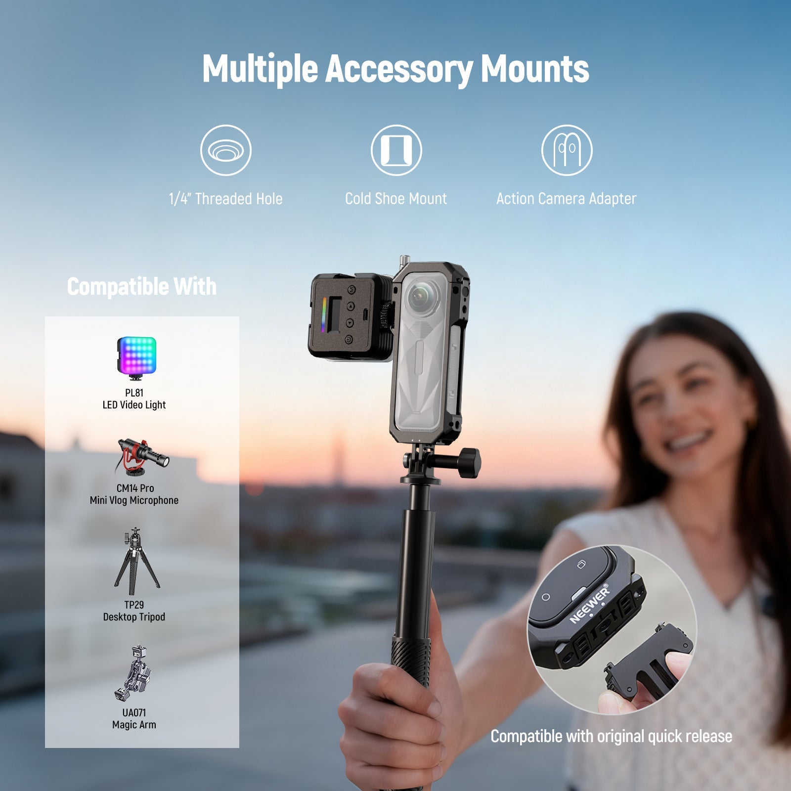 A girl is using the NEEWER AC033 Action Camera Cage to shoot videos.