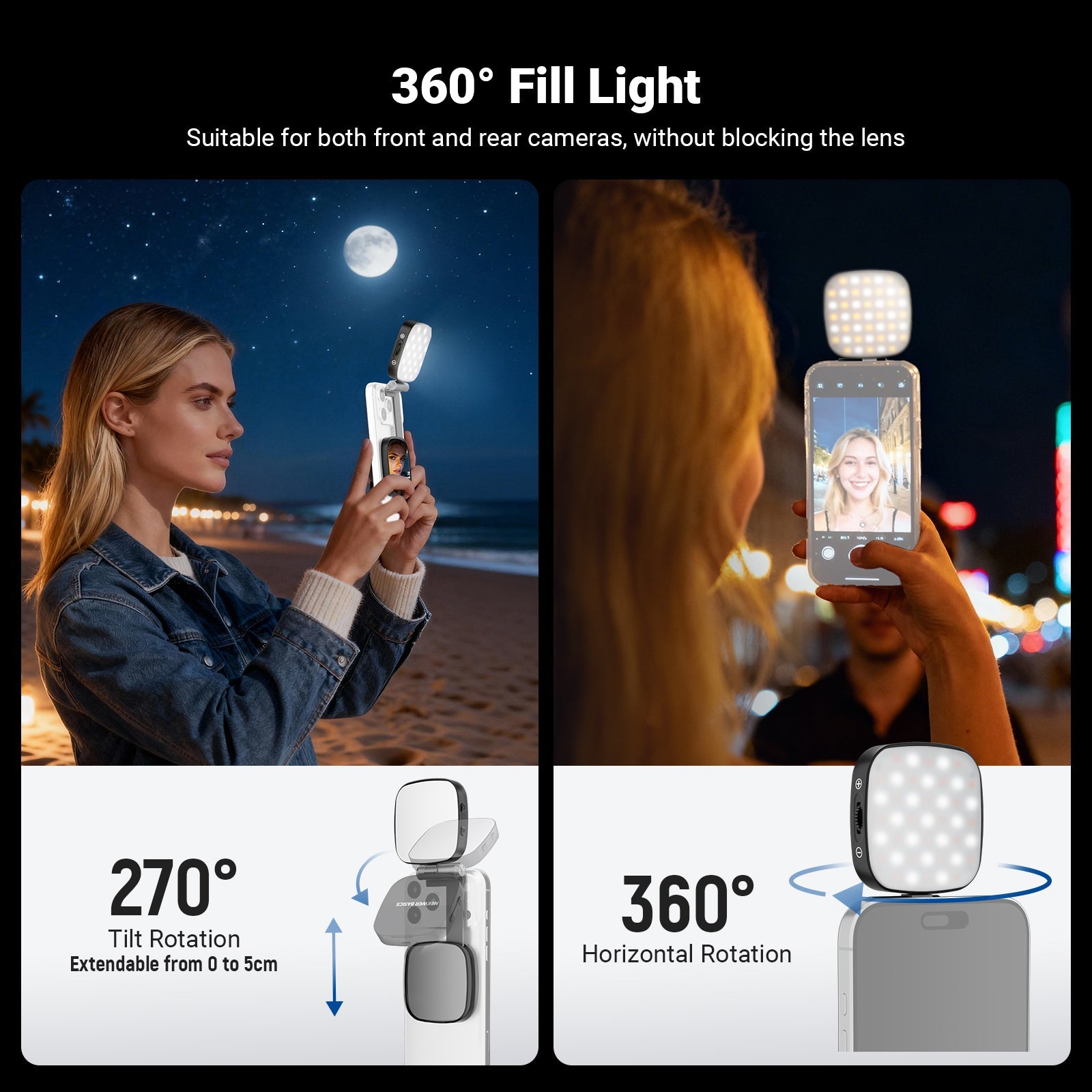 NEEWER NL45B Magnetic Portable LED Selfie Light is suitable for both front and rear cameras, without blocking the lens.