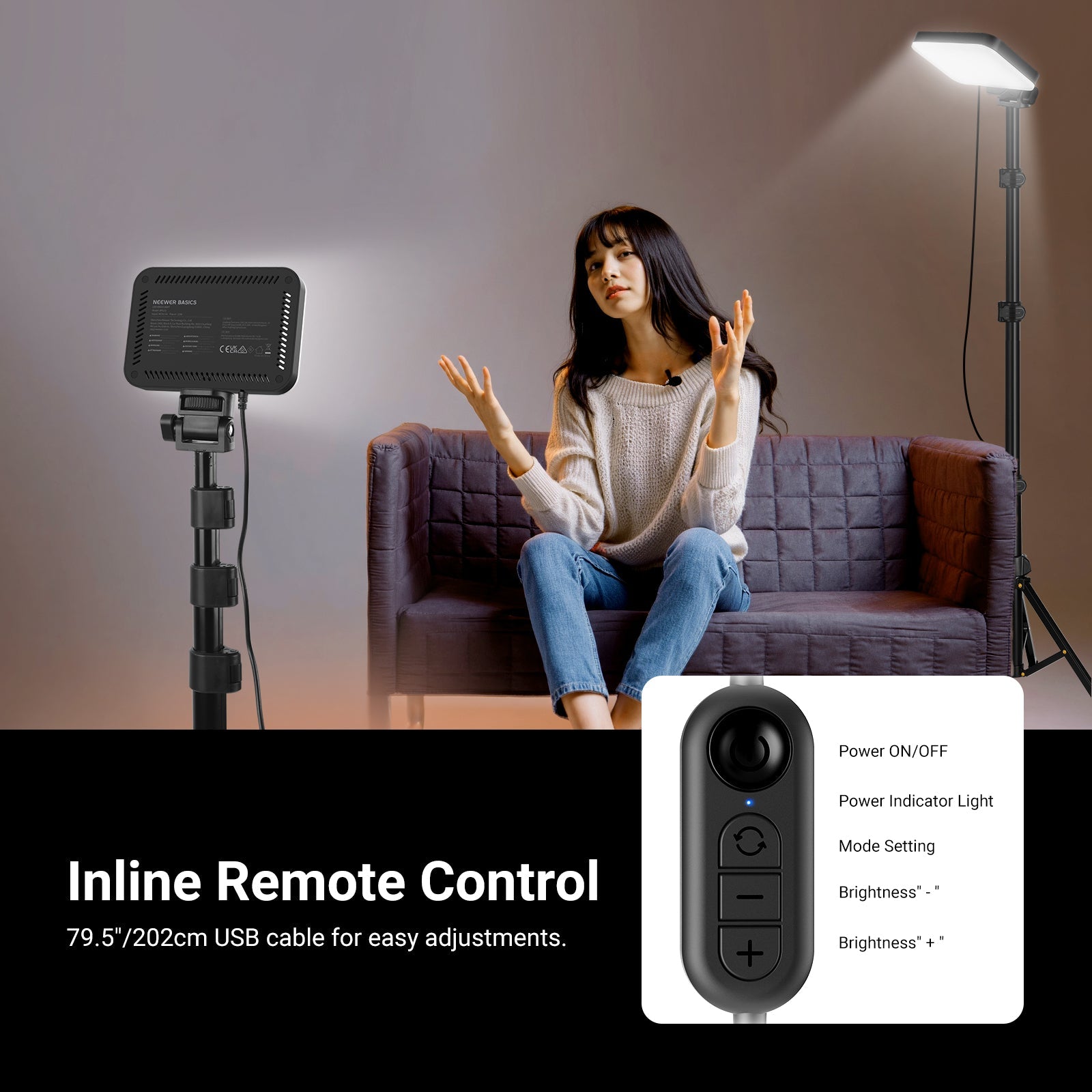 The girl is using the NEEWER BASICS BP132 2 Pack LED Video Light Panel Kit for lighting.