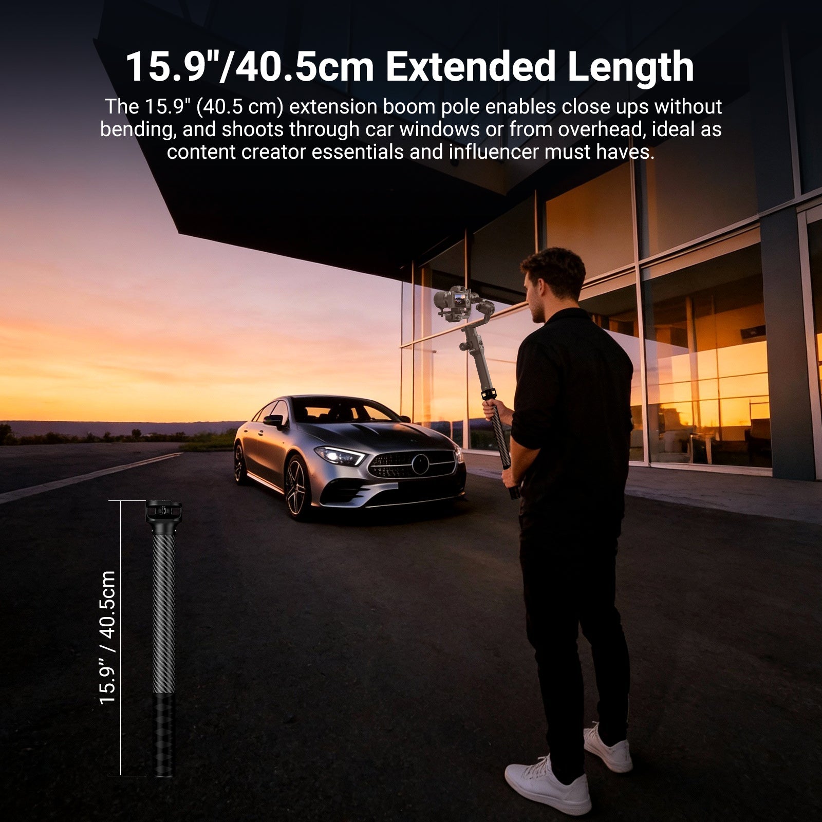 The 40.5 cm extension boom pole enables close ups without bending, and shoots through car windows or from overhead.