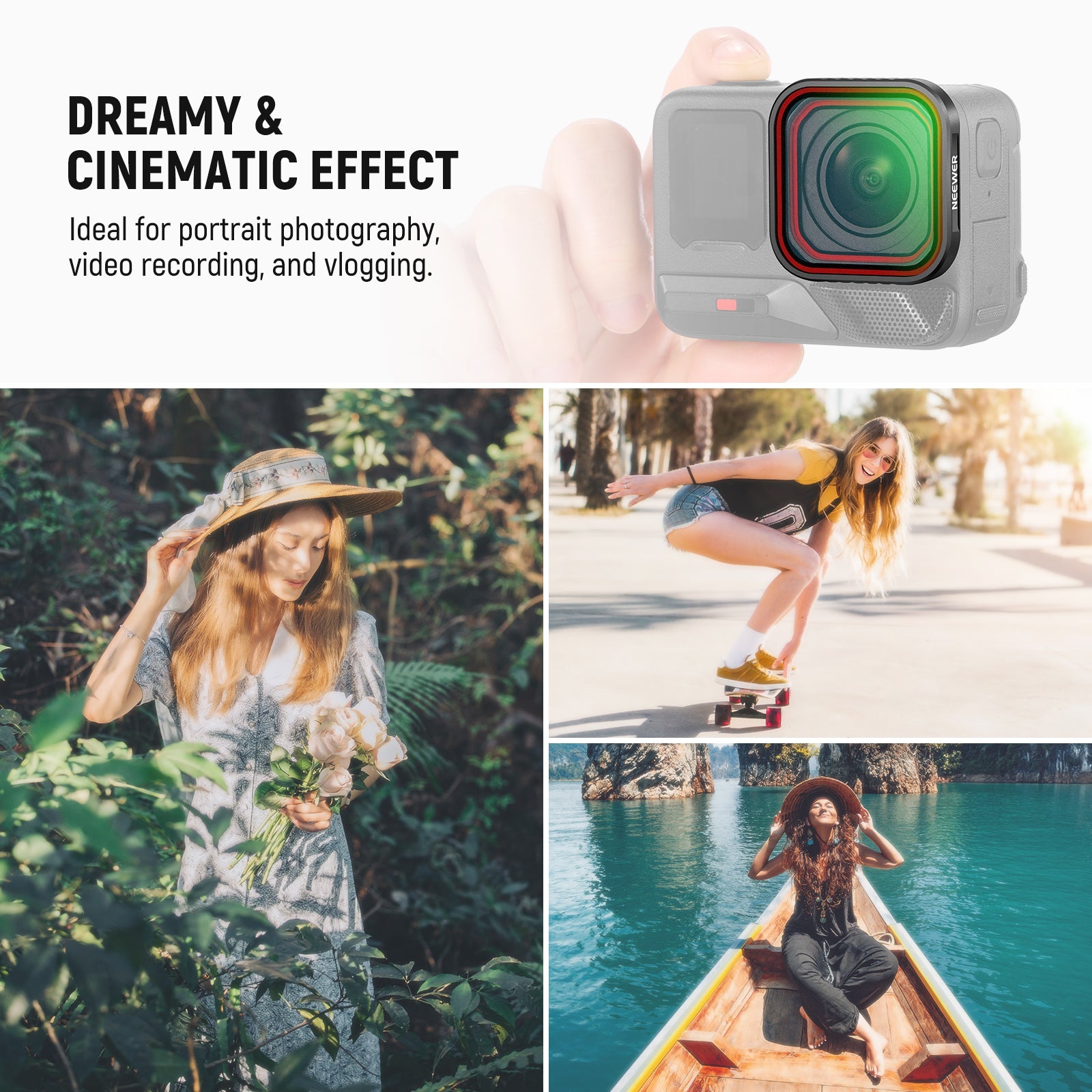 The NEEWER 1/4 Black Diffusion Filter for Insta360 Ace Pro/Ace Pro 2 creates a dreamy, hazy, and cinematic effect