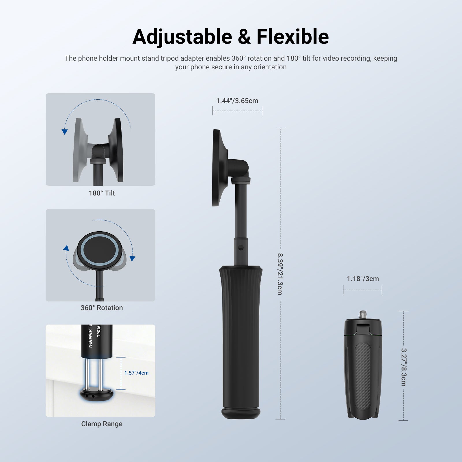 NEEWER TP016 Airplane Phone Holder mount stand tripod adapter enables 360° rotation and 180° tilt for video recording.