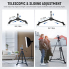 The video tripod dolly features telescoping legs