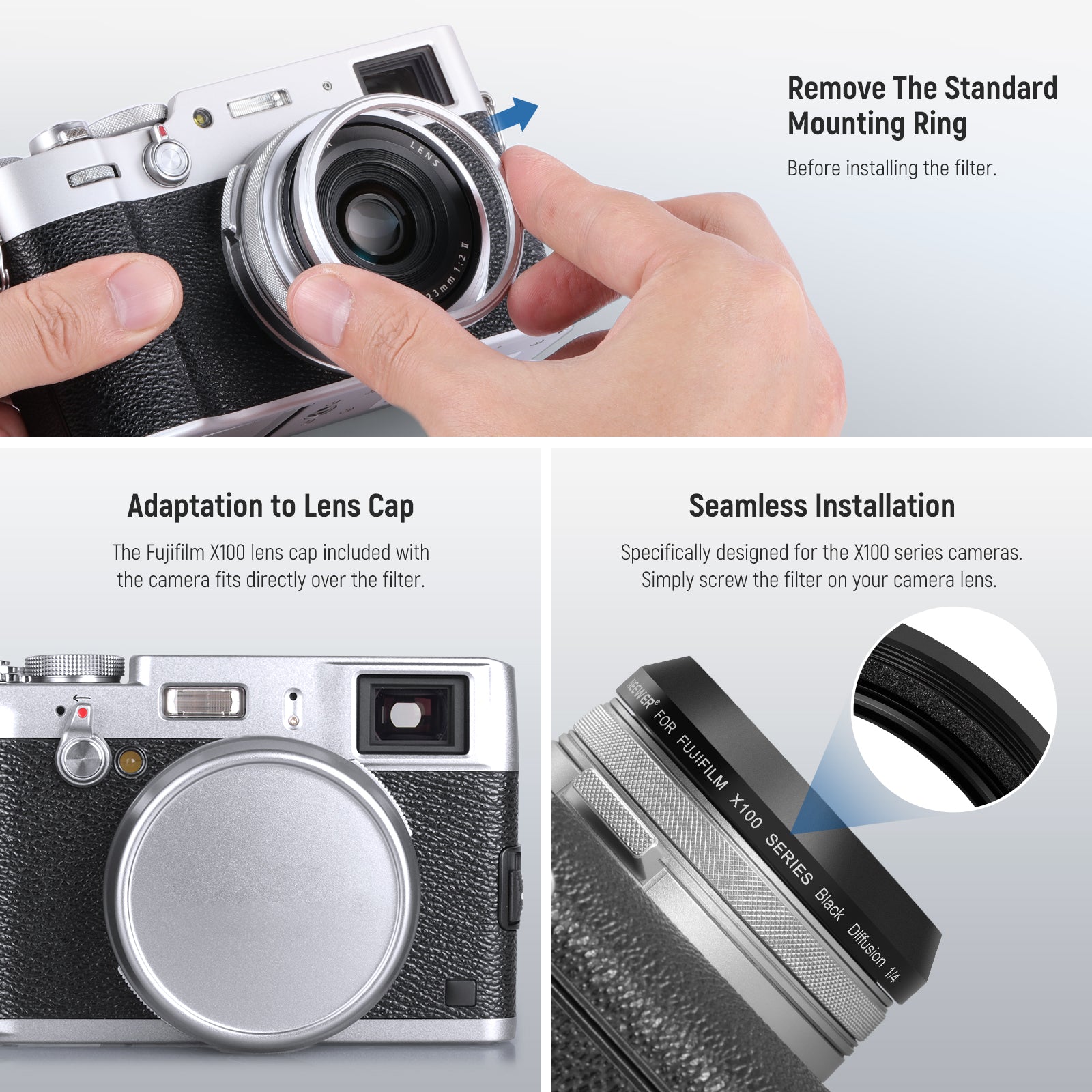 NEEWER Black Diffusion 1/4 Lens Filter for Fujifilm X100 Series