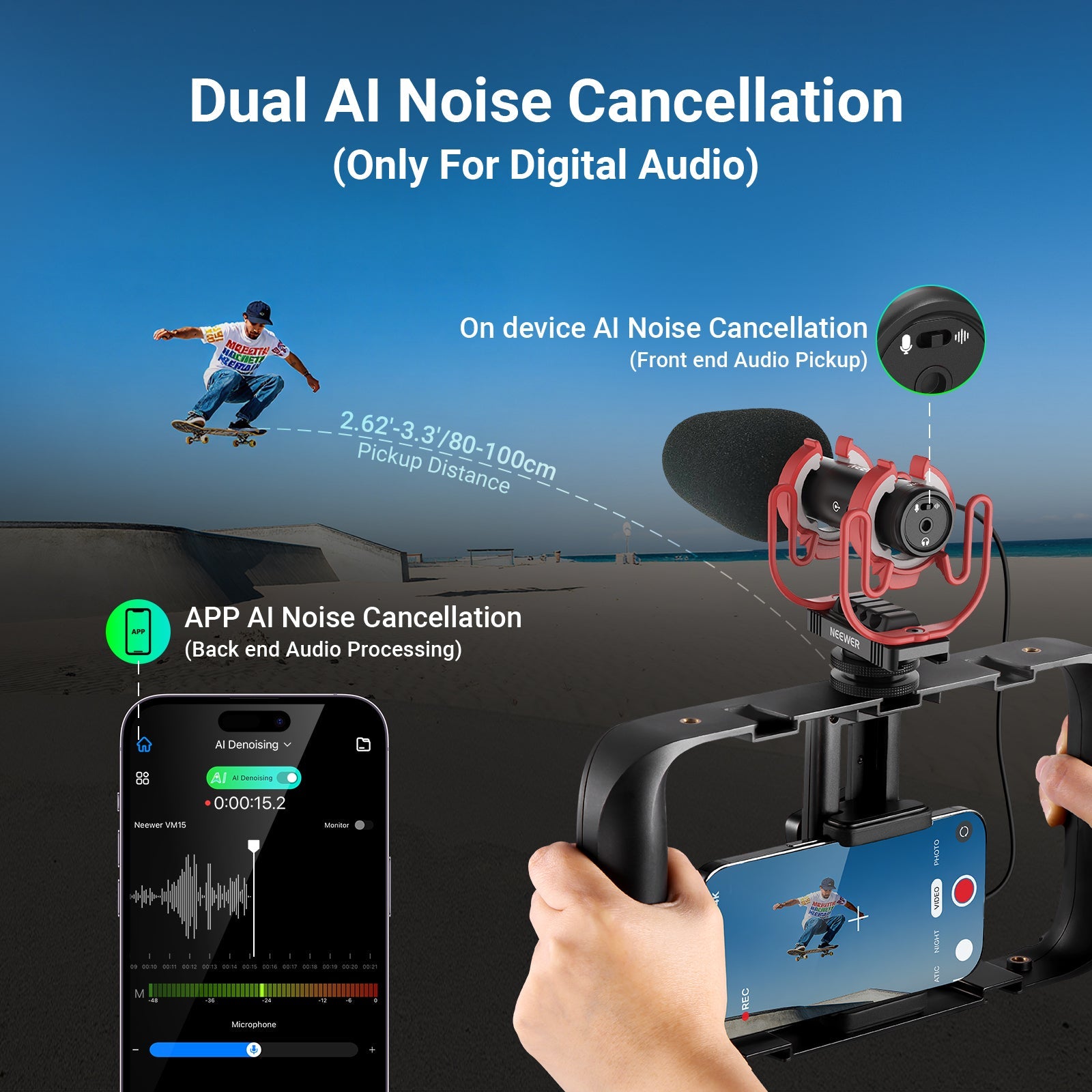 AI noise cancellation minimizes wind, traffic, and crowd noise for clean, professional audio everywhere.