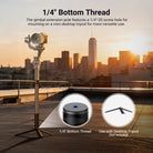 The gimbal extension pole features a 1/4"-20 screw hole for mounting on a mini desktop tripod for more versatile use