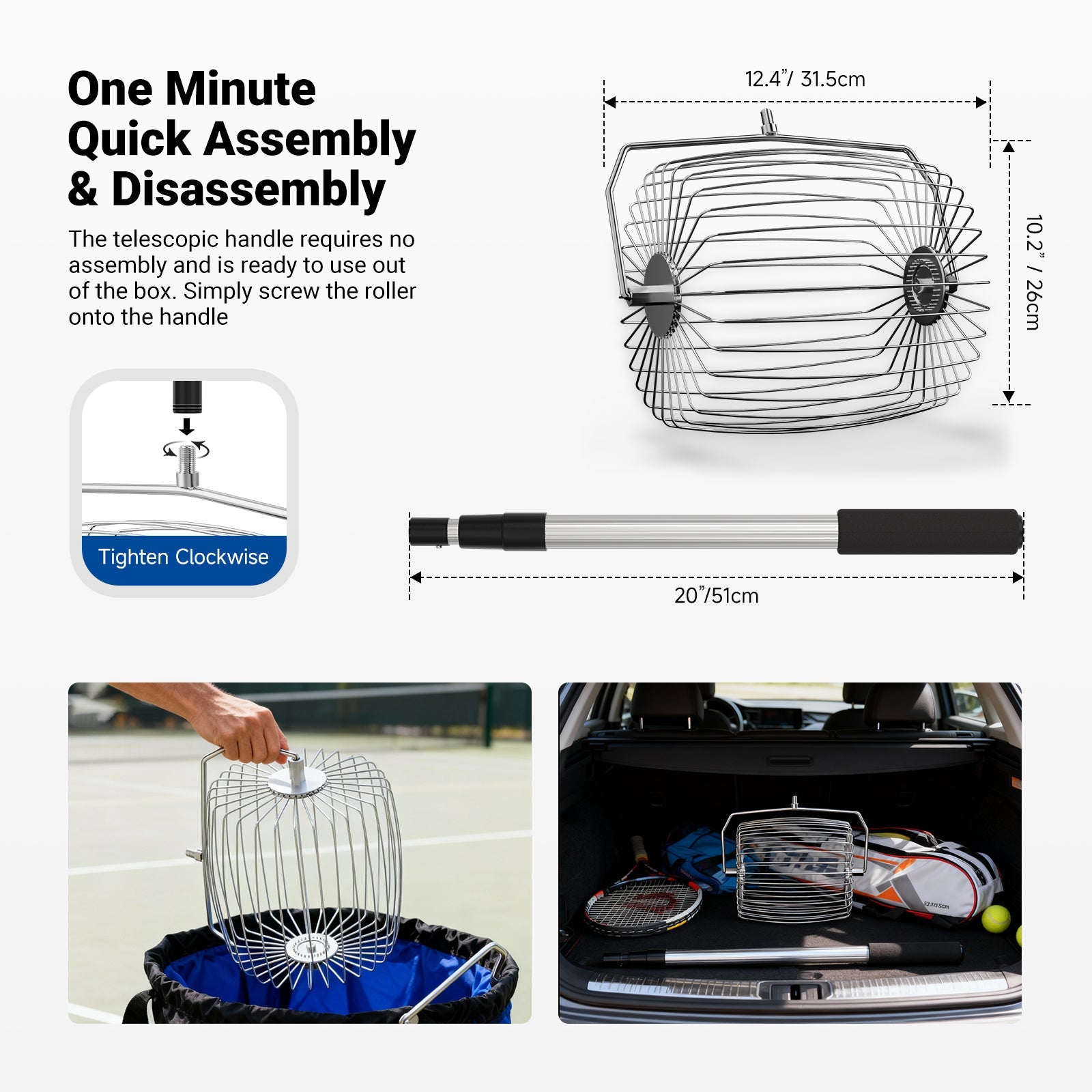 The telescopic handle requires no assembly and is ready to use out of the box.