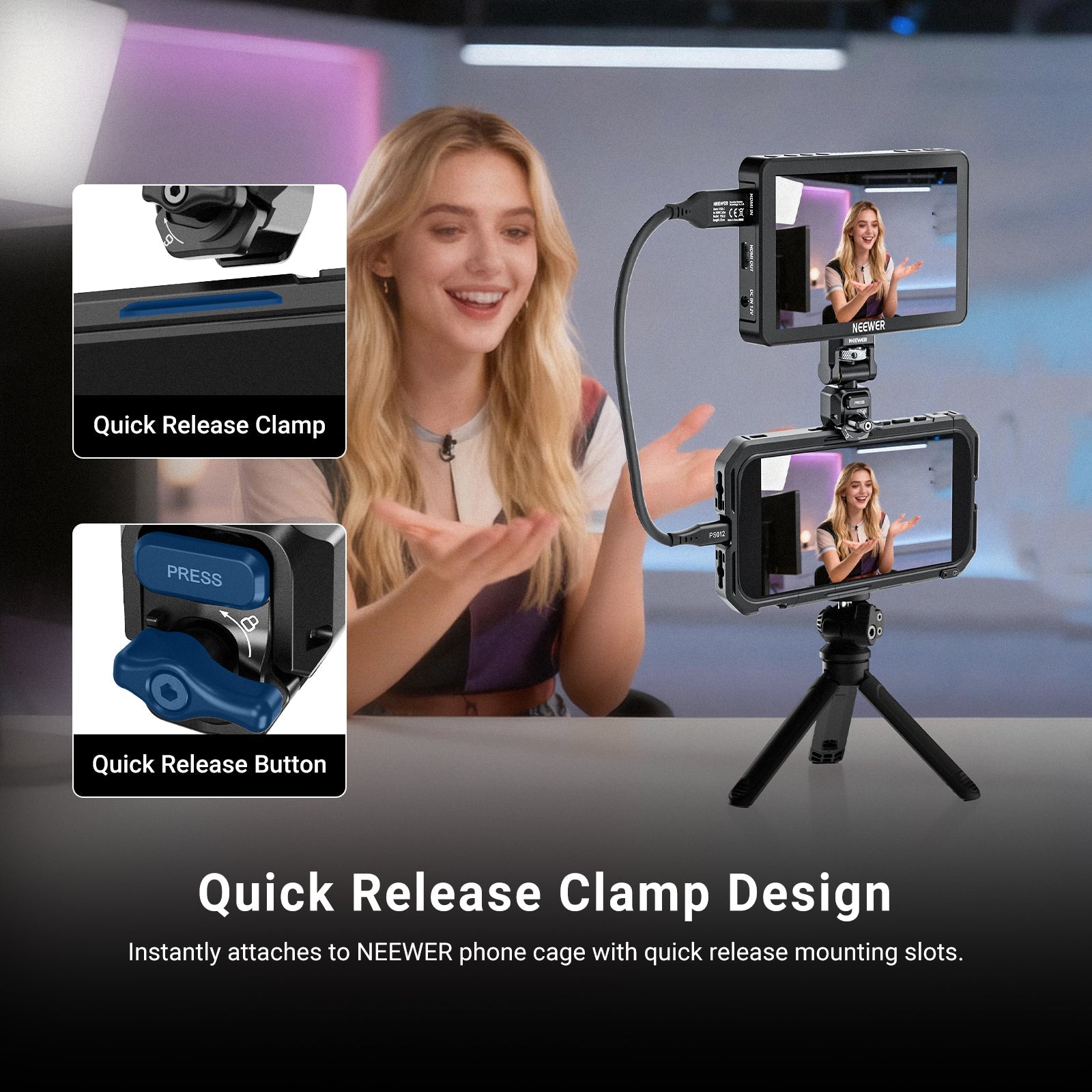 A girl is recording videos with the NEEWER PA127 Quick Release Monitor Mount for Phone Cage.