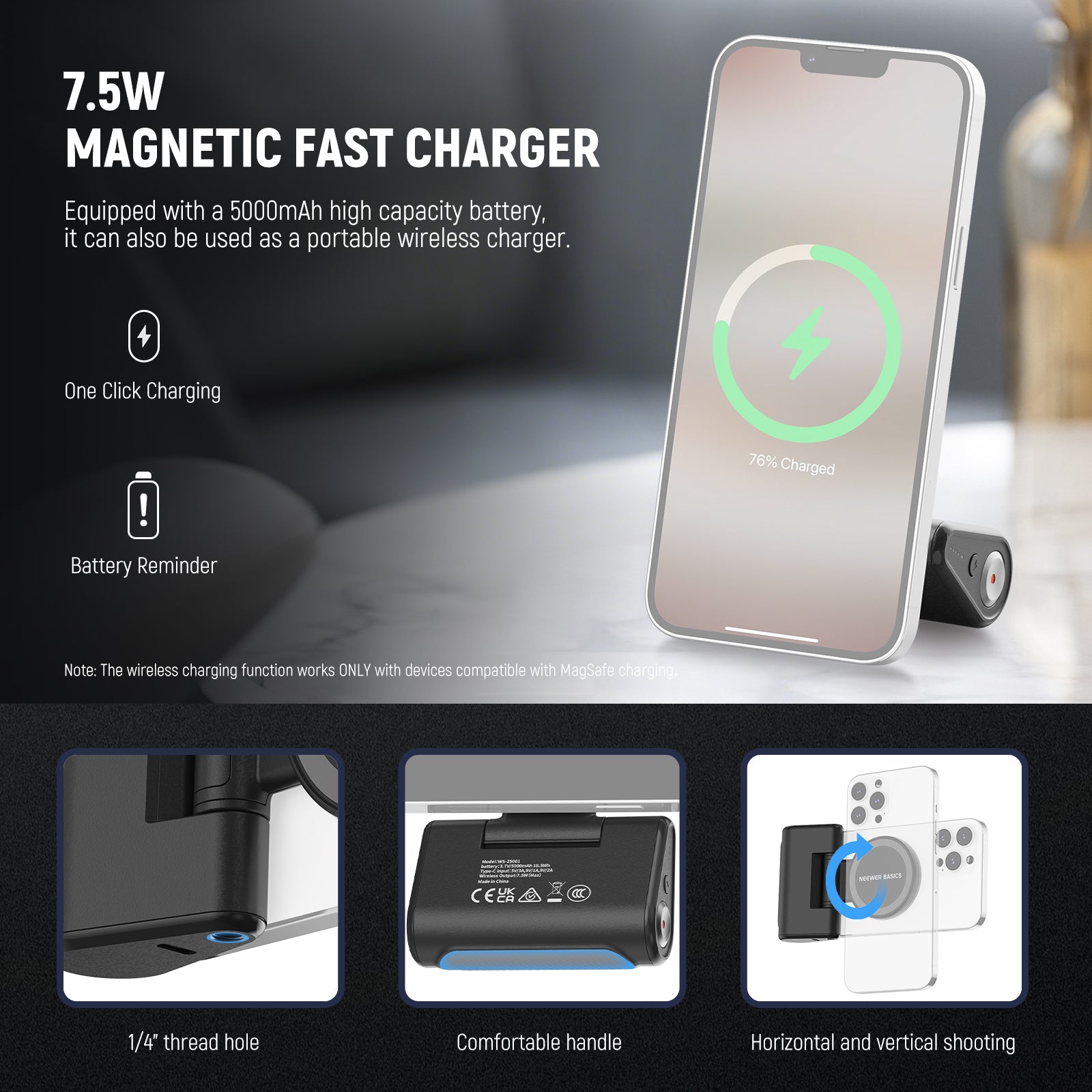 This fun shot magnetic grip for phone with 5000mAh high capacity battery also functions as portable wireless charger