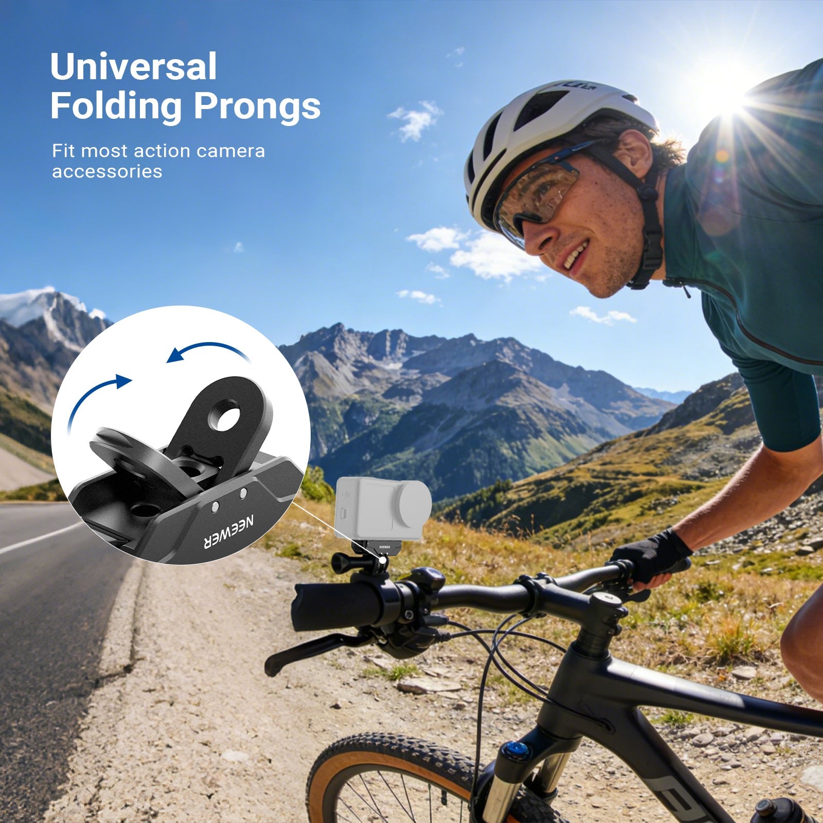 A man uses the NEEWER AC071 Magnetic Quick Release Mount to mount his Action 6 while cycling