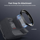 Directly snaps onto the lens and stays in place with the help of its nonslip rubber linings