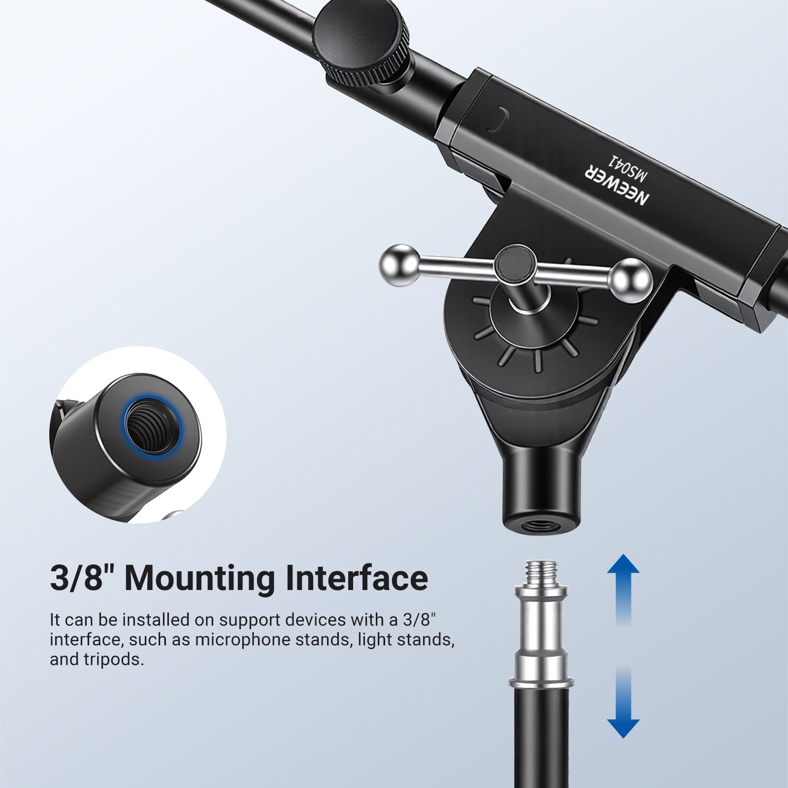 The mic stand boom arm can be installed on support devices with a 3/8'' interface.