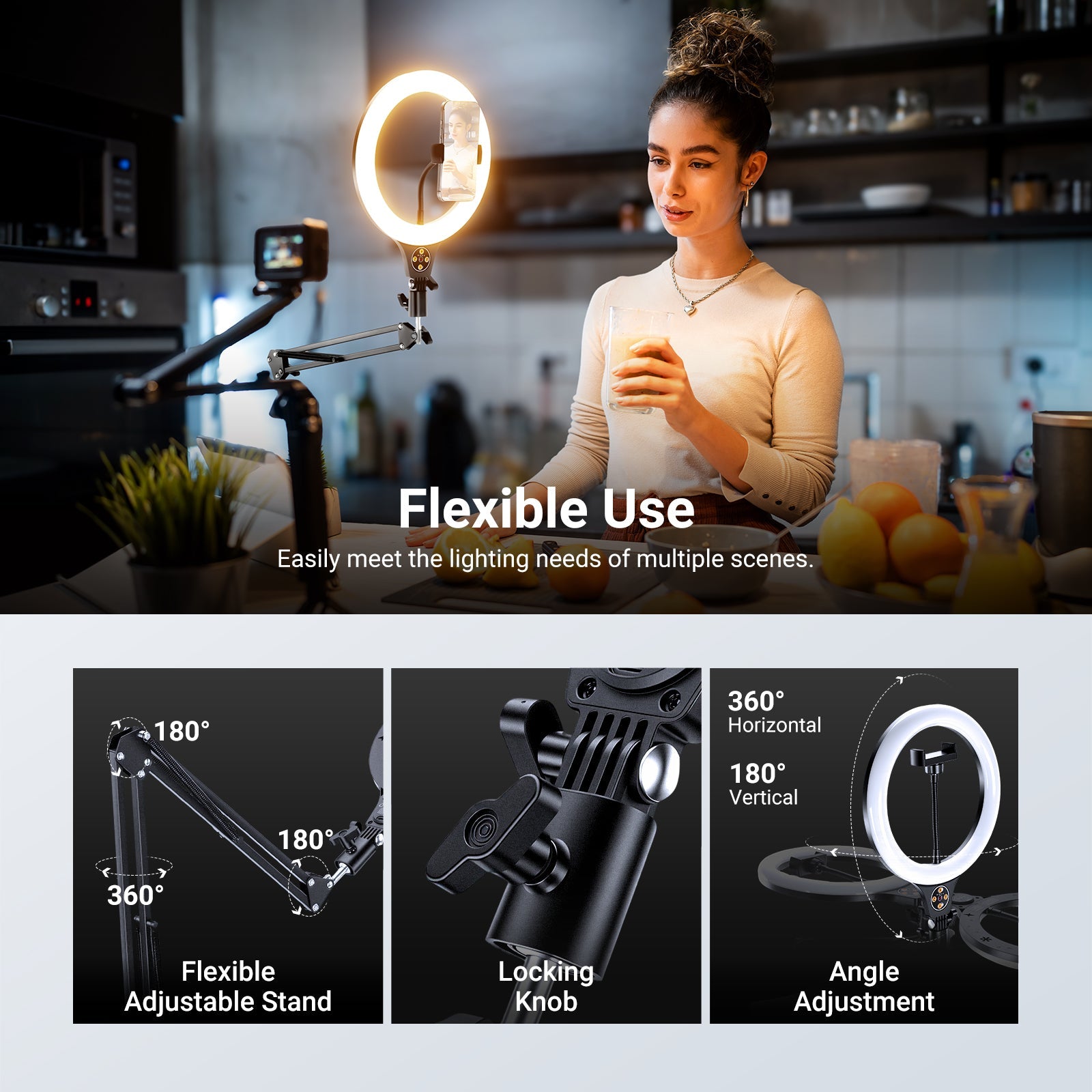 A woman uses the NEEWER N44 Ring Light with Flexible Stand Kit to provide lighting for a live stream in the kitchen.