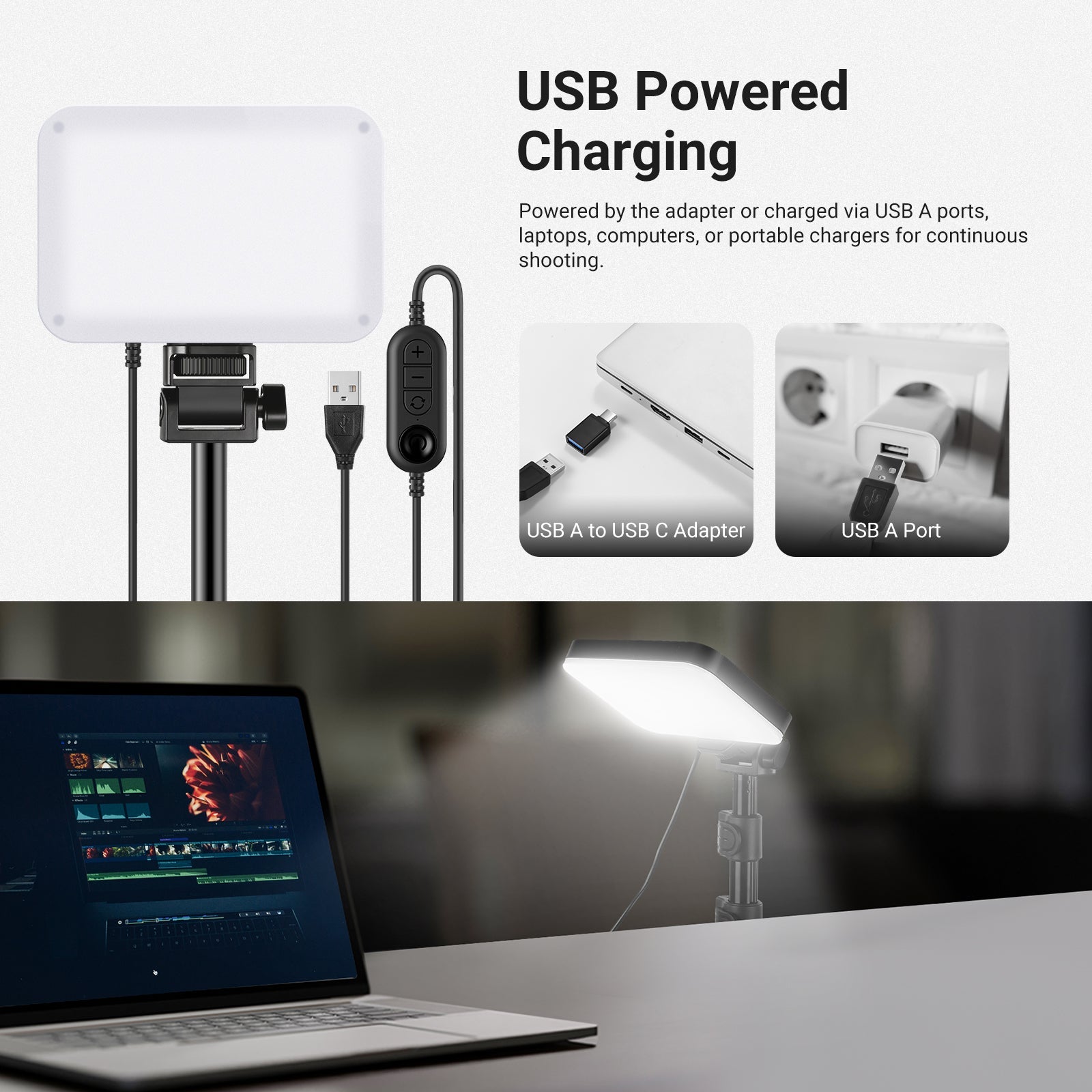 The NEEWER BP132 LED Video Light Panel is powered by a laptop.