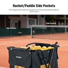 Two integrated side pockets are designed to securely hold pickleball paddles or tennis rackets