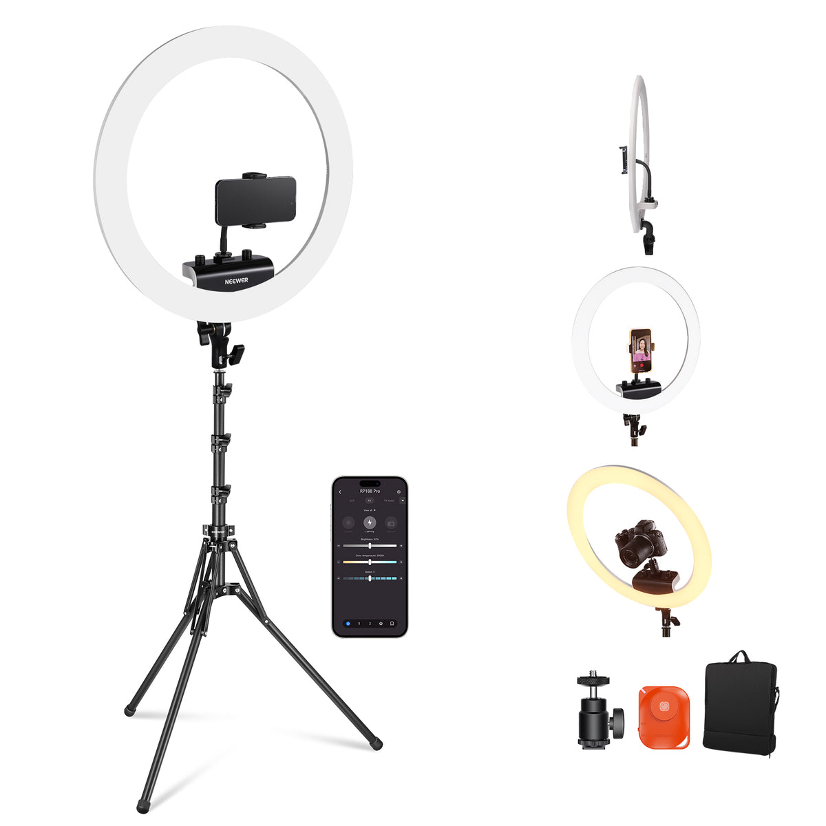 NEEWER Professional 18 Inch Ring Light with Tripod Stand Phone Holder Compatible with iPhone, 45W Remote Shutter App Control, Video Recording Makeup Selfie Studio Streaming Filming, RP18B Pro Black