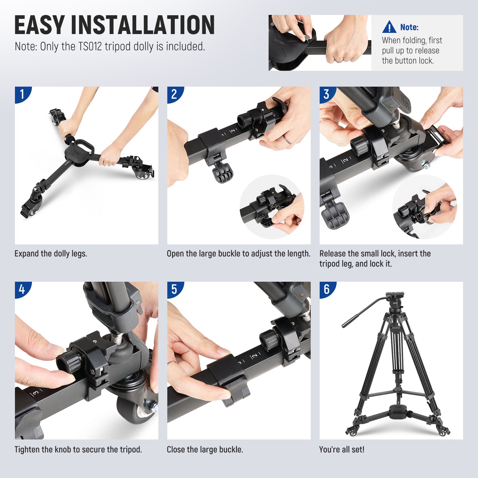 NEEWER TS012 Heavy Duty Camera Dolly is easy to install.