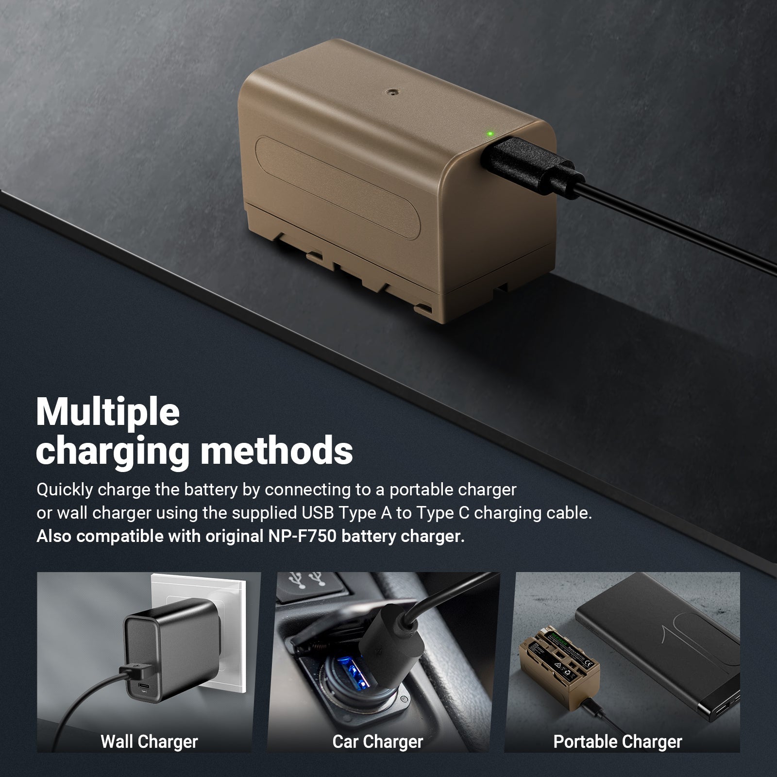 Quickly charge the battery by connecting to a portable charger or wall charger using the supplied USB Type A to Type C charging cable.